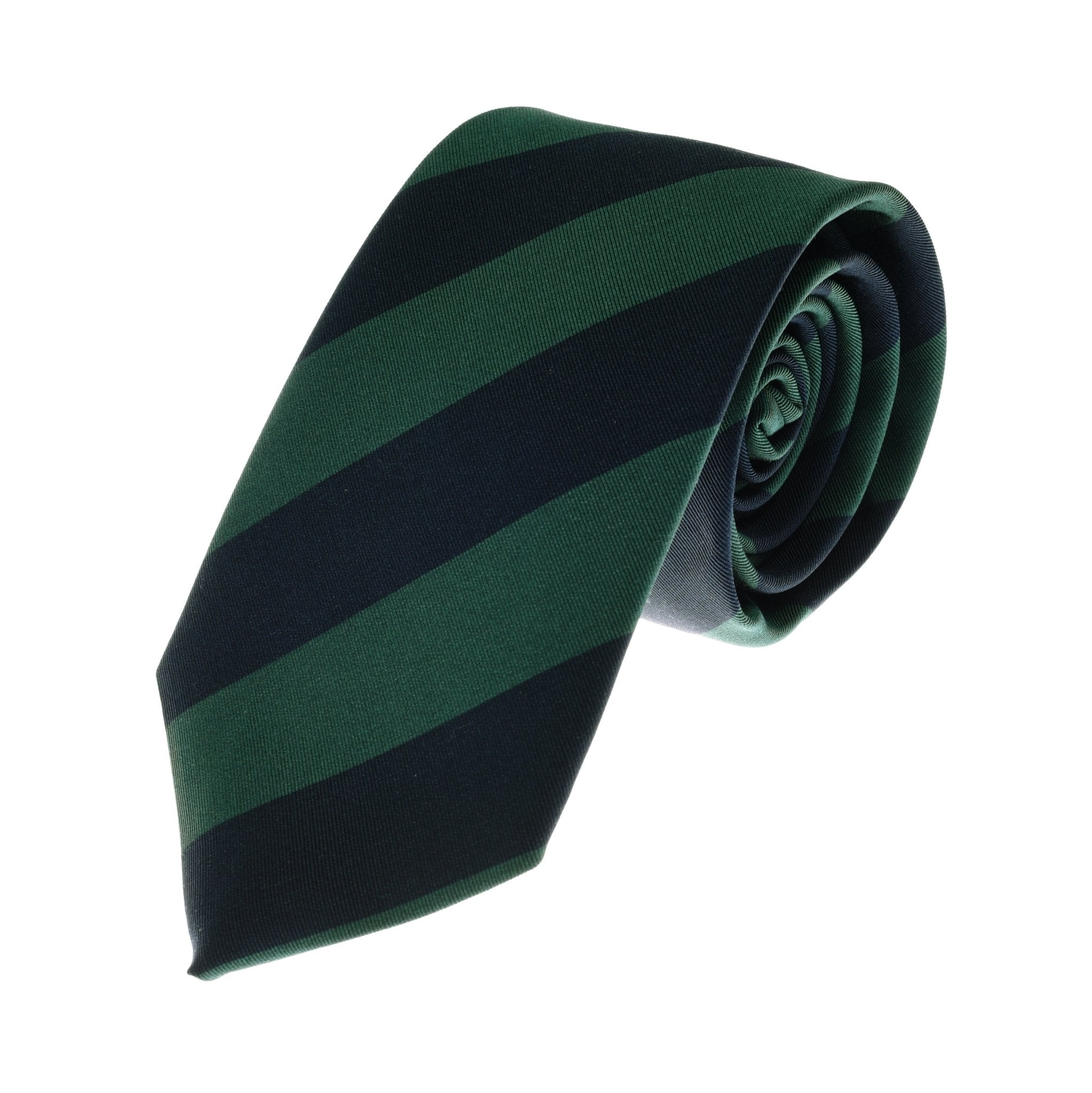 The Green & Navy Stripe Tie by Campbells of Beauly features classic diagonal stripes in dark green and navy, shown rolled up against a white background.