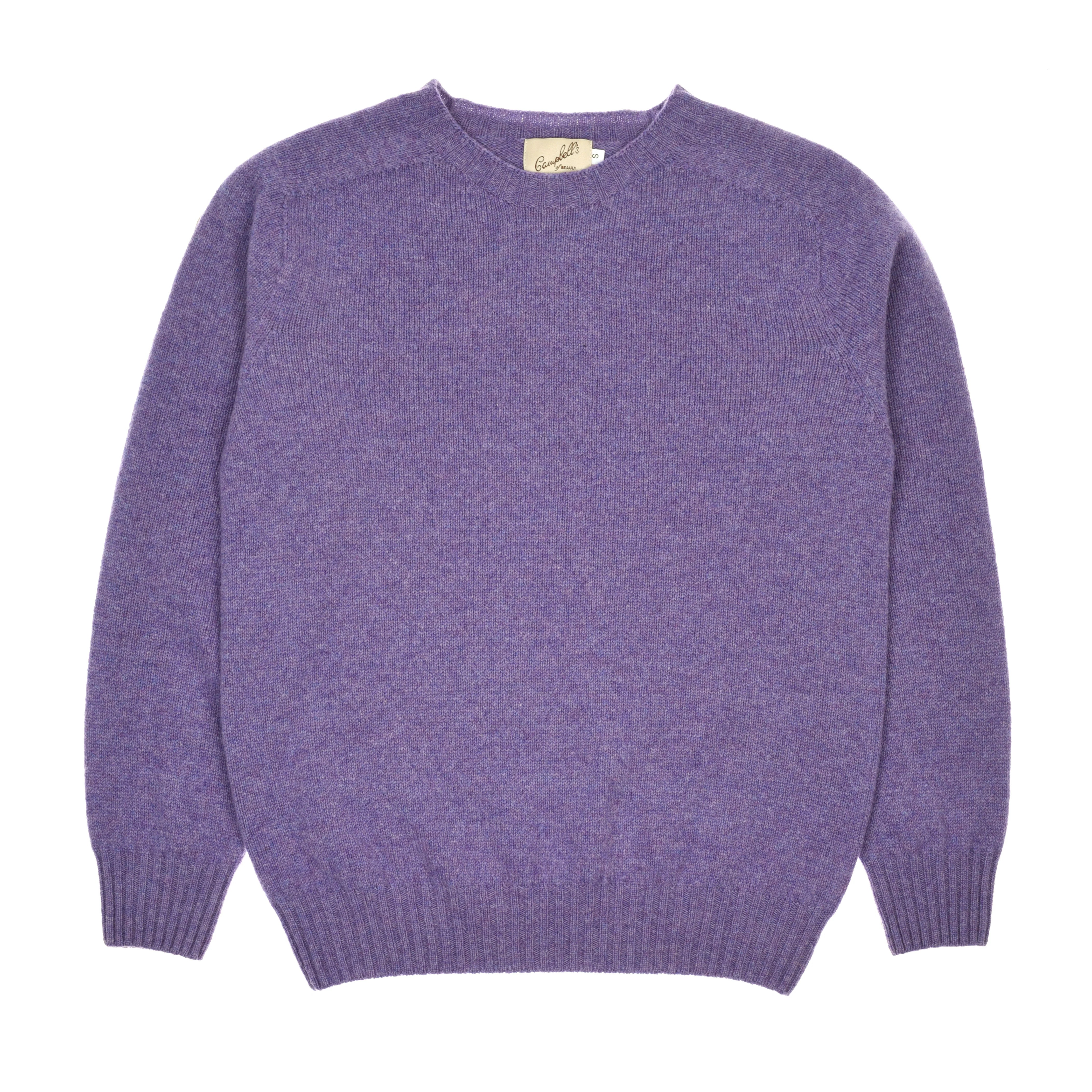 The Campbell's of Beauly Geelong Lambswool Crew Neck Jumper in heather is shown flat on a white background, featuring long sleeves and ribbed cuffs, hem, and neckline.