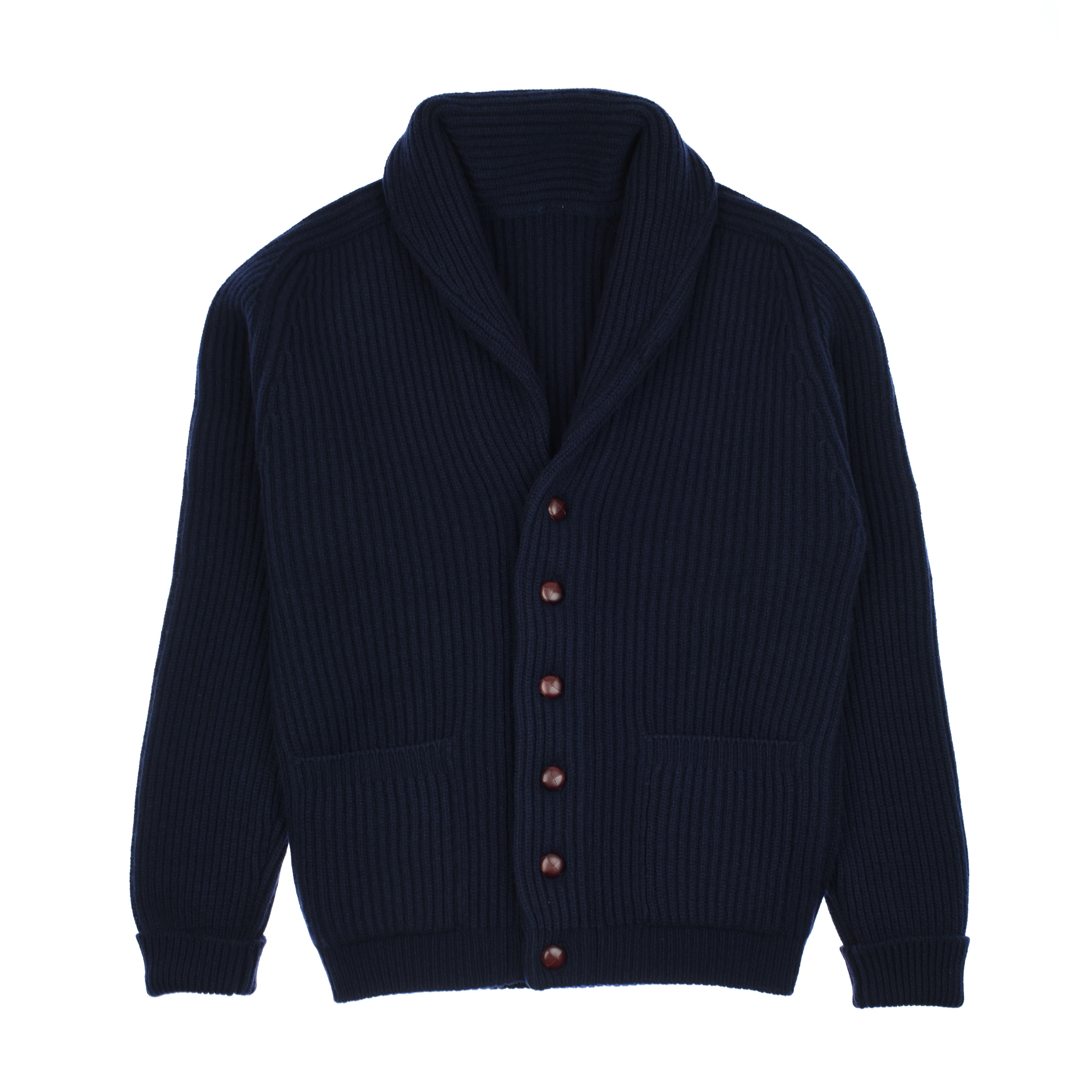 The Campbells of Beauly Cashmere Shawl Neck Collar Cardigan in navy features ribbed knit, brown buttons, two front pockets, and long sleeves. Made from Todd & Duncan cashmere. Shown hand-finished and laid flat on a white background.
