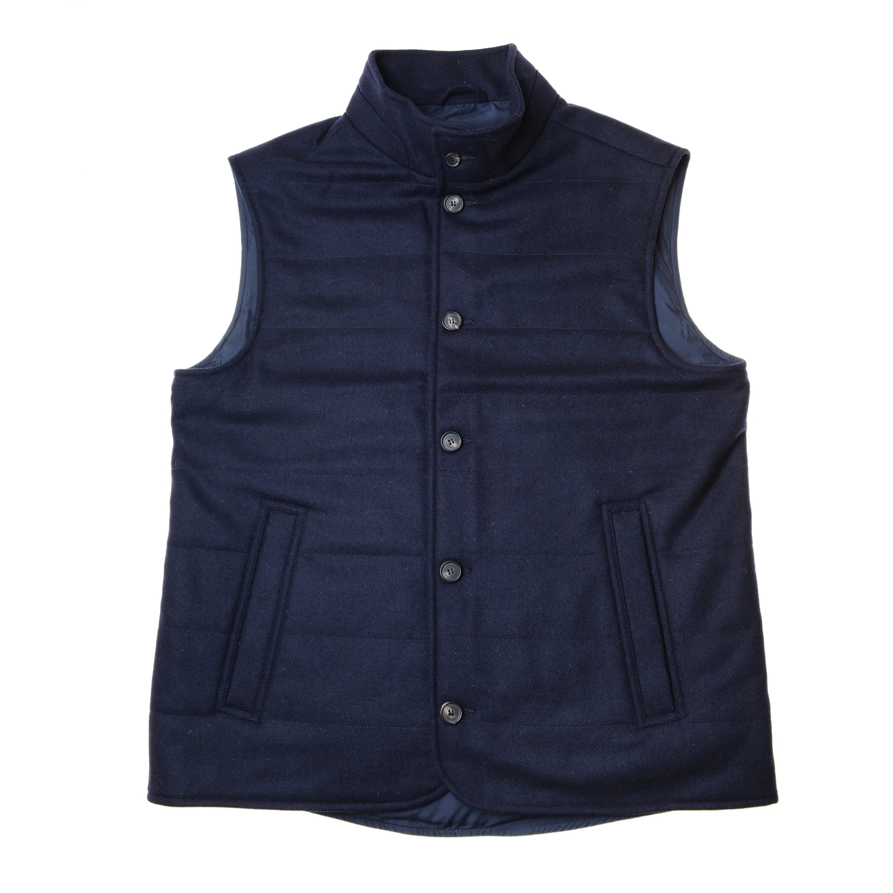 The Campbells of Beauly Quilted Tweed Buttoned Gilet in navy features a sleeveless design, high collar, front button closure, and two front pockets—ideal as a stylish layering piece. Laid flat on a white background.