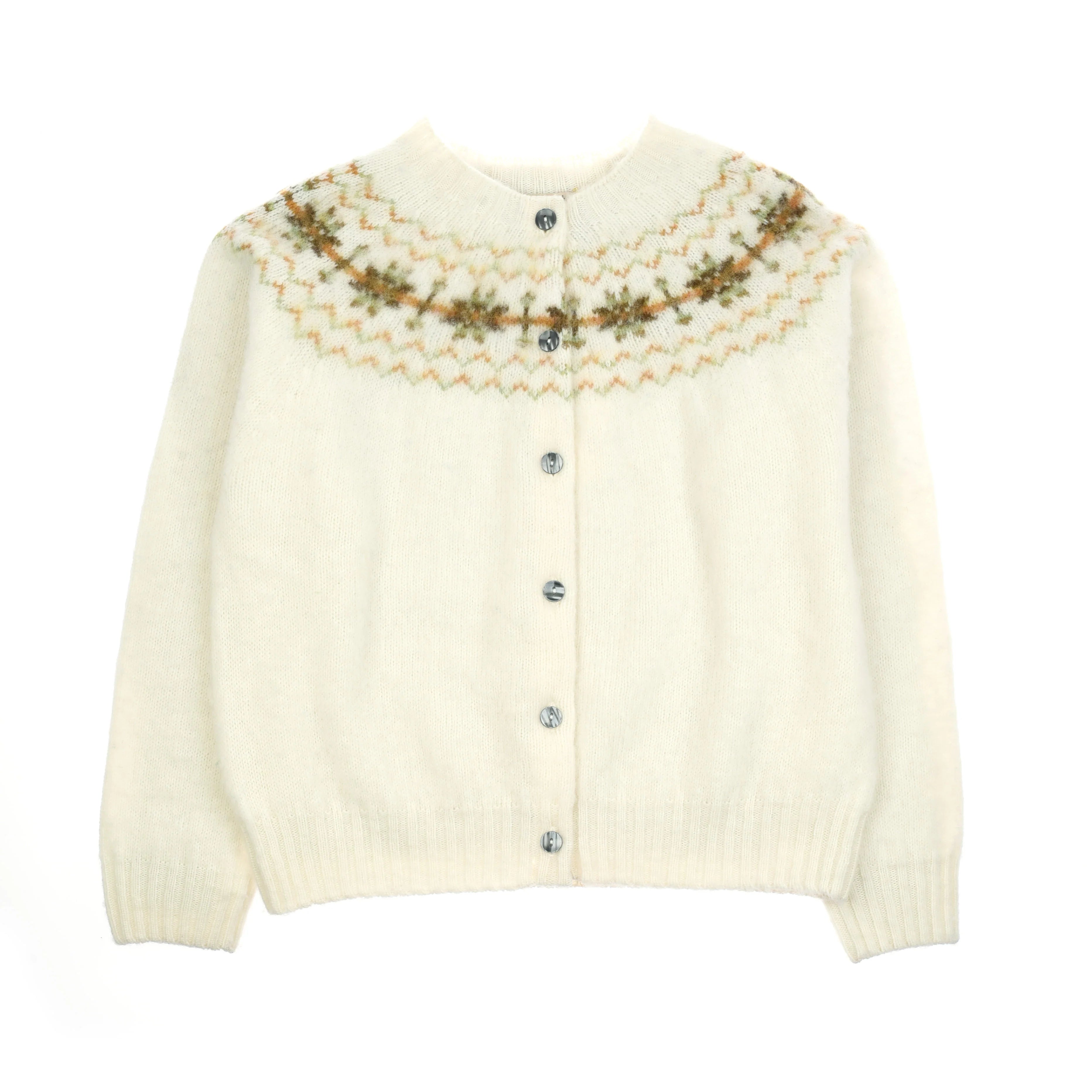 The Brushed Shetland Fairisle Cardigan by Campbell's of Beauly is a cream-colored, long-sleeve knit with a round neck, button front, and green and brown patterned yoke inspired by classic Scottish Fairisle traditions.