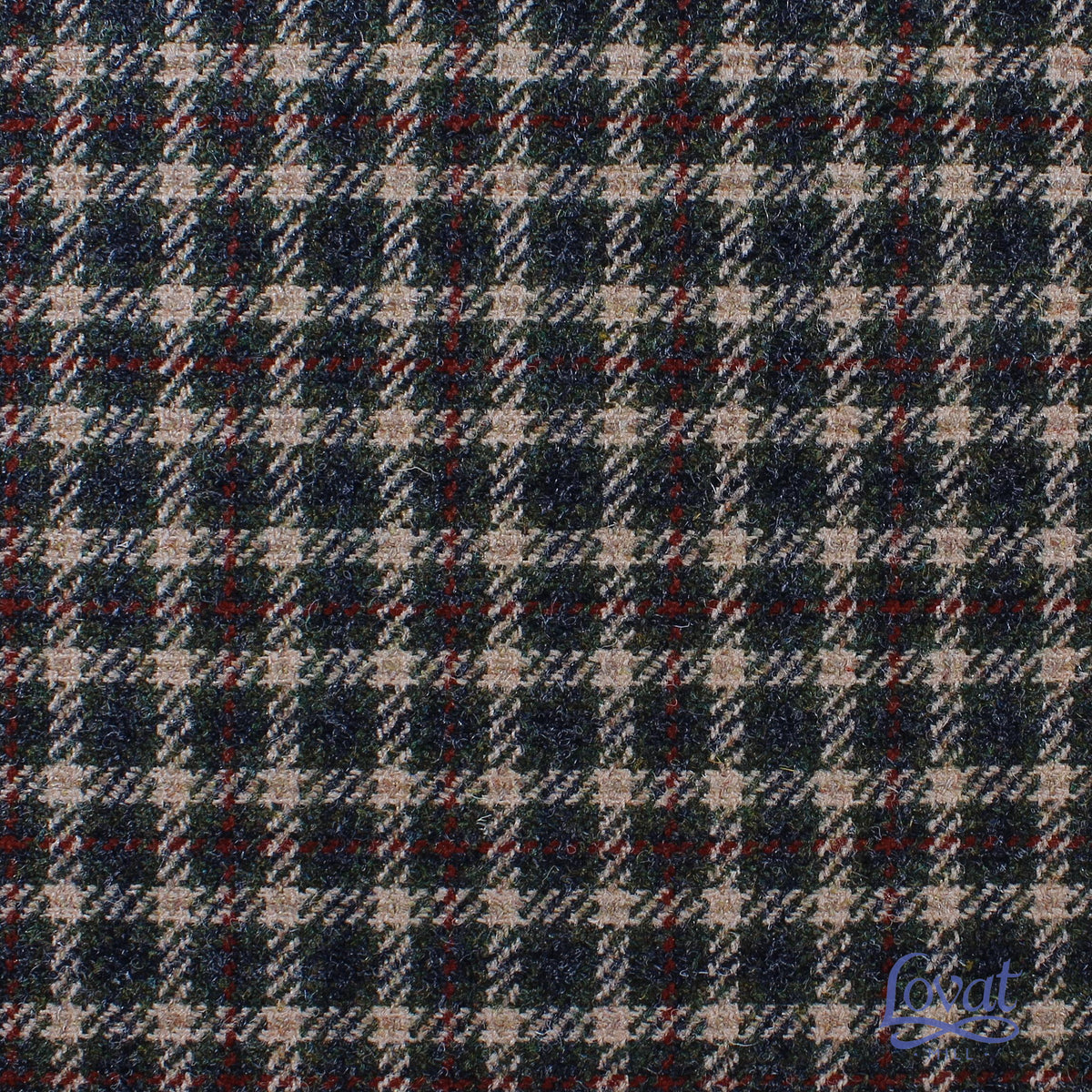 Lovat Mill Estate Tweed 003 heavyweight dark green, tan, and red estate tweed fabric.