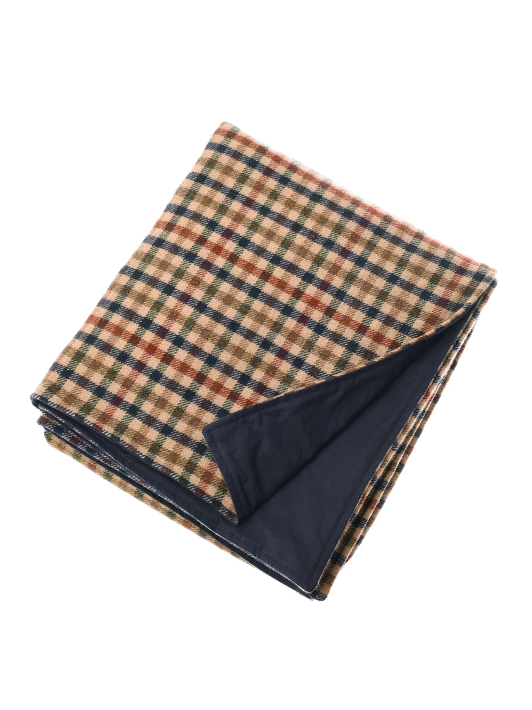 The Lambswool Wax Picnic Blanket by Campbells of Beauly features a plaid pattern in beige, red, and green with a solid dark blue edge—ideal for outdoor activities.