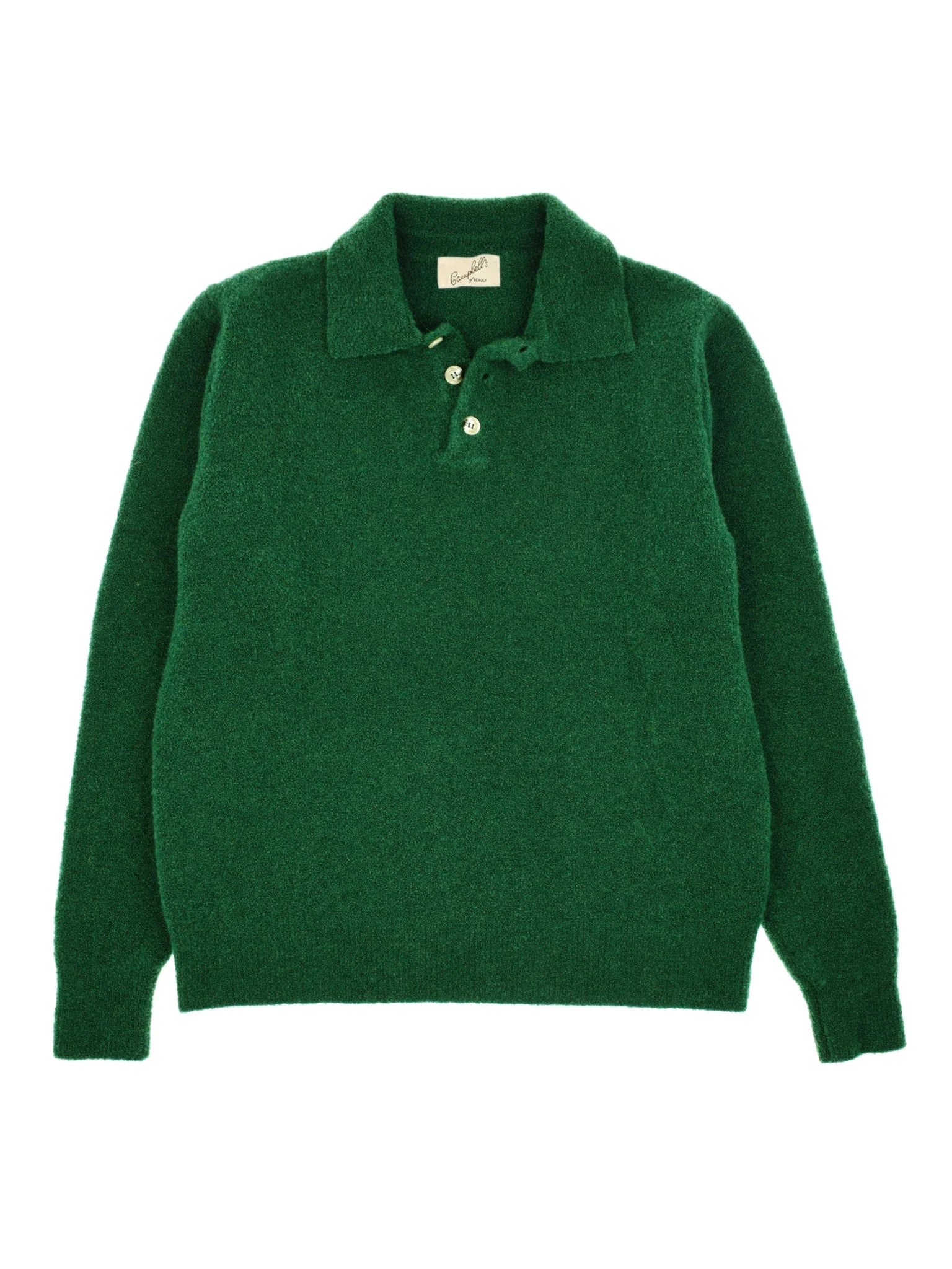 The Campbell's of Beauly Auld Stock Bouclé Neck Jumper in pine, a long-sleeve bouclé polo sweater with a collar and three white buttons, is shown laid flat on a white background.