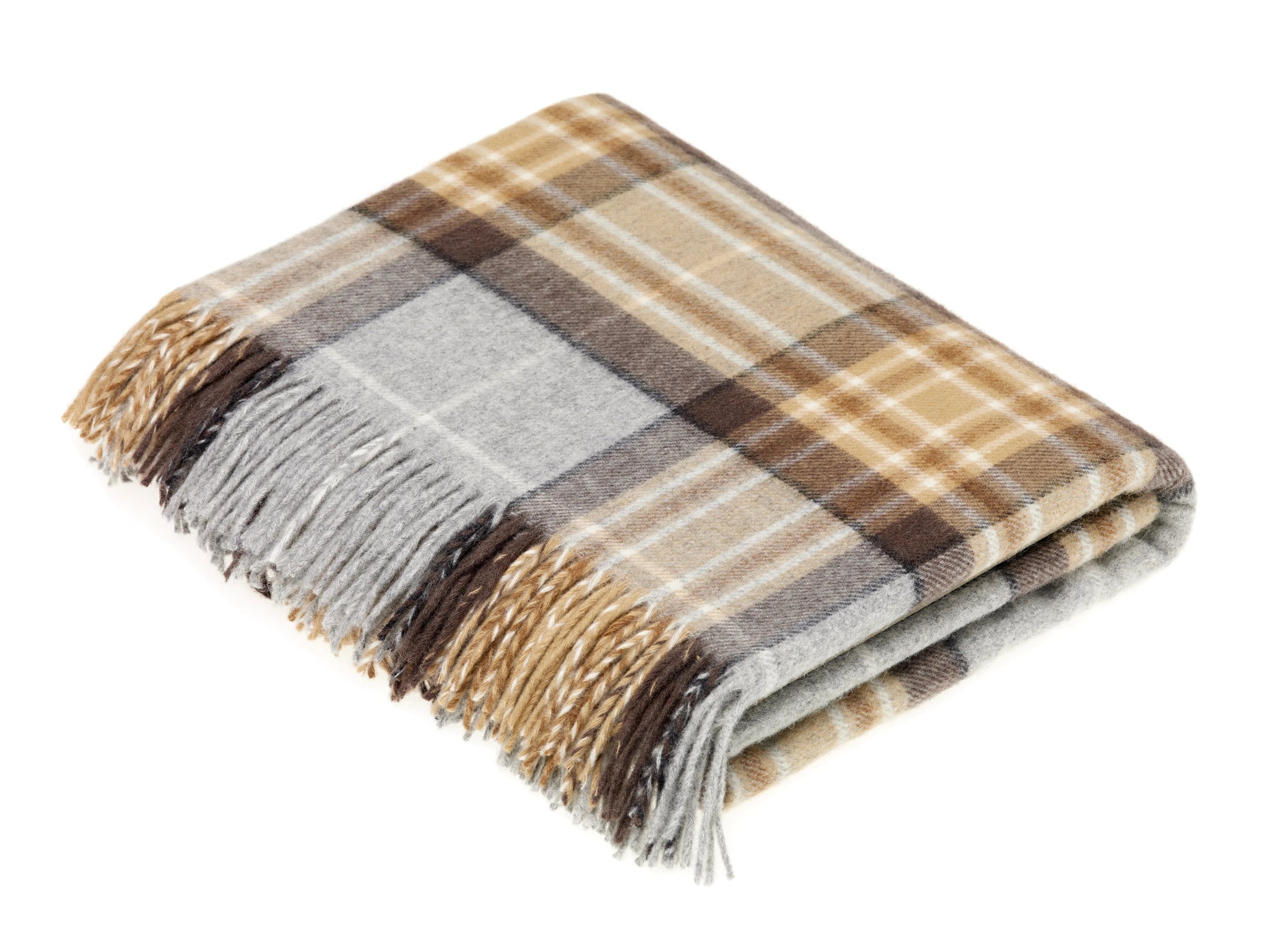 The Campbell's of Beauly Lambswool Tartan Blanket features a folded, fringed design with a gray, brown, and beige plaid pattern inspired by Yorkshire style, shown on a white background.