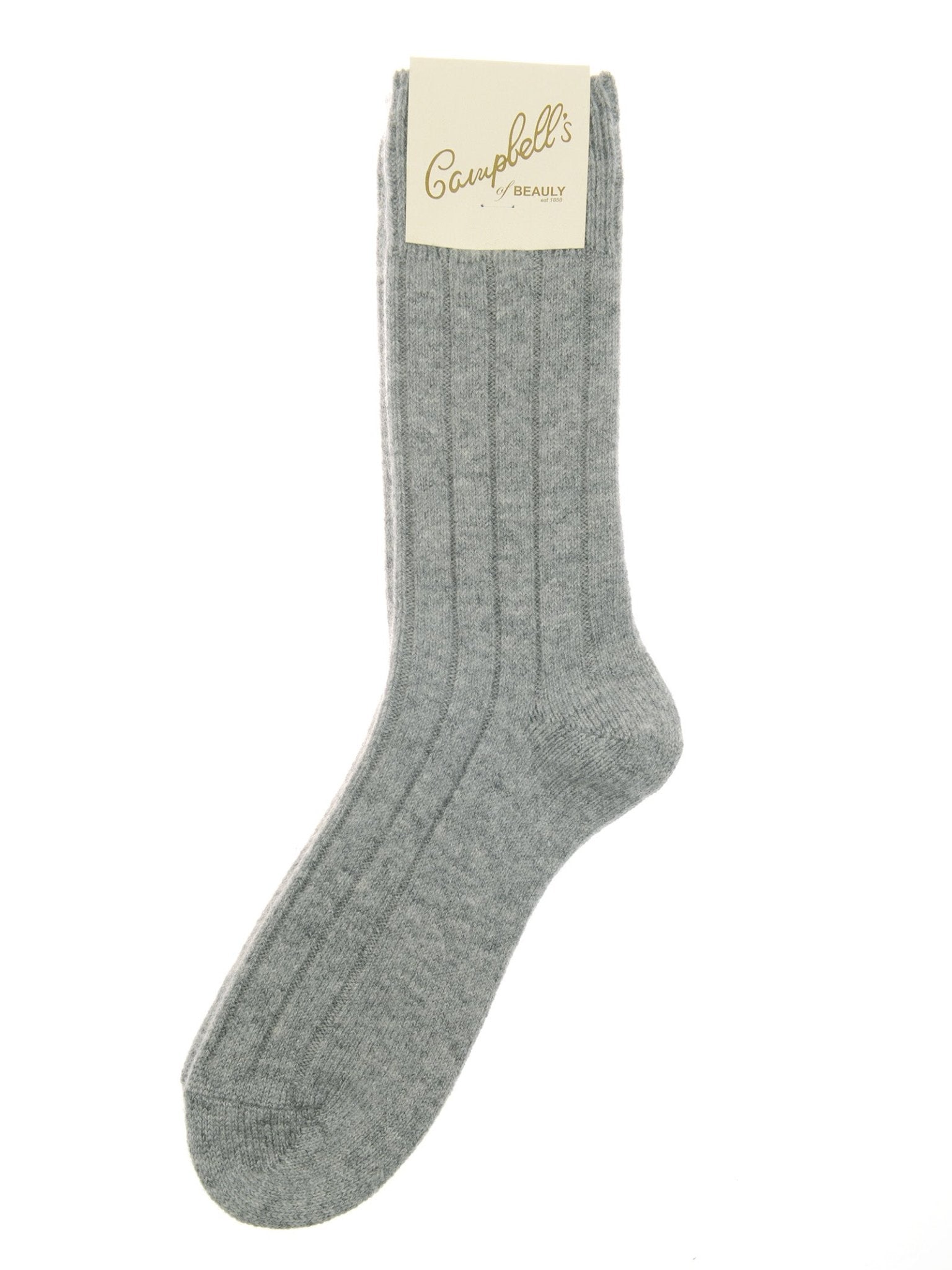 A single grey Rib Cashmere Sock by Campbell's of Beauly, featuring a label at the top, is displayed on a white background.