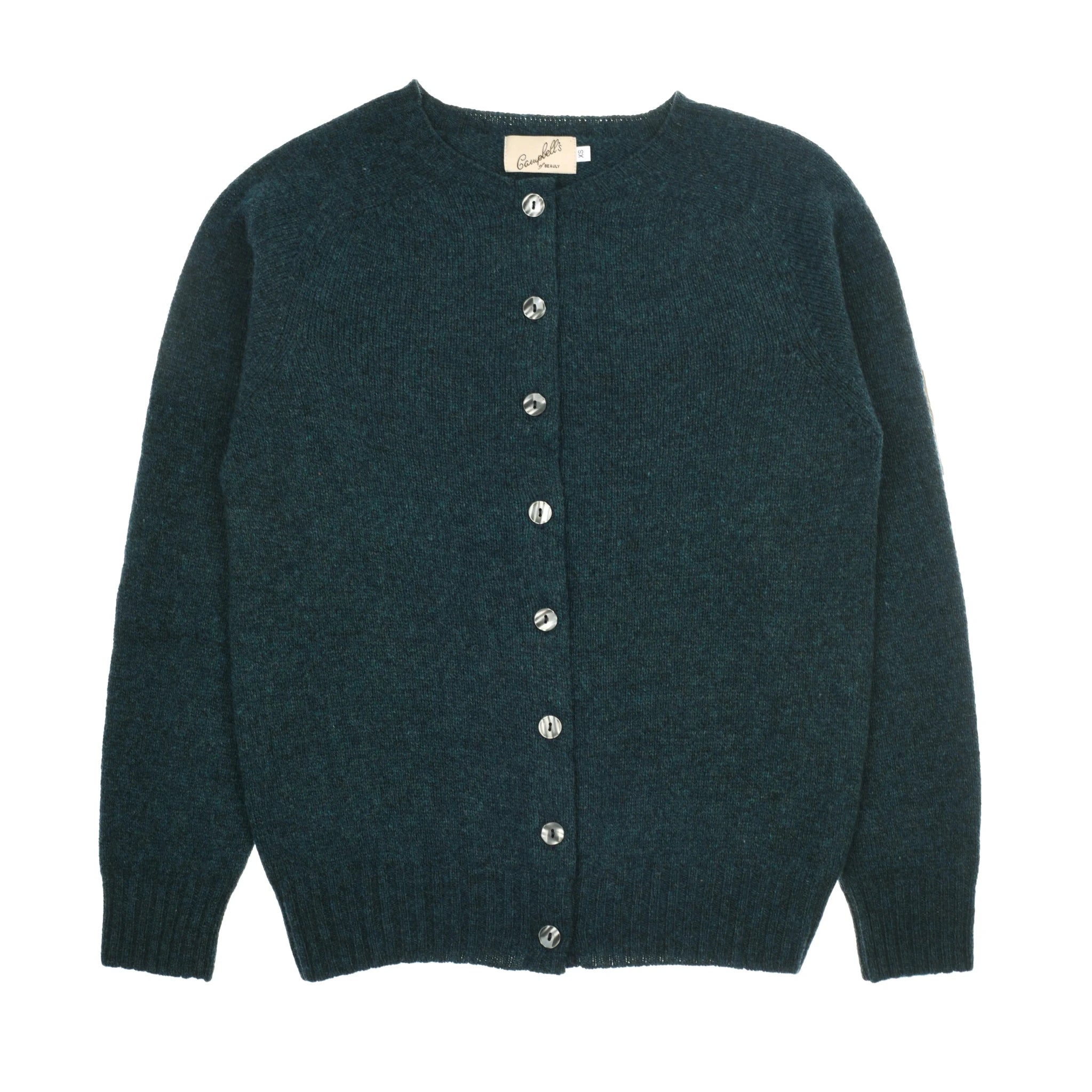The Auld Stock Lambswool Crew Neck Cardigan by Campbell's of Beauly is a teal cardigan with long sleeves, silver front buttons, and ribbed cuffs and hem. Expertly crafted in Scotland from Geelong lambswool.