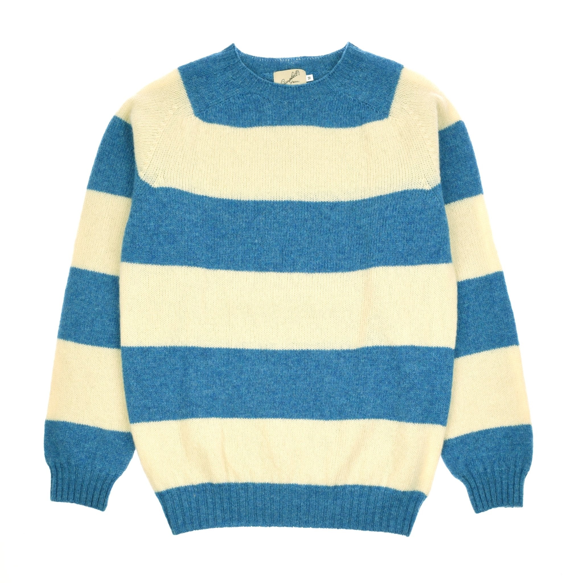 The Shetland Stripe Crew Jumper by Campbells of Beauly is crafted from soft lambswool in Blue Lovat, featuring wide stripes and ribbed cuffs, hem, and neckline.