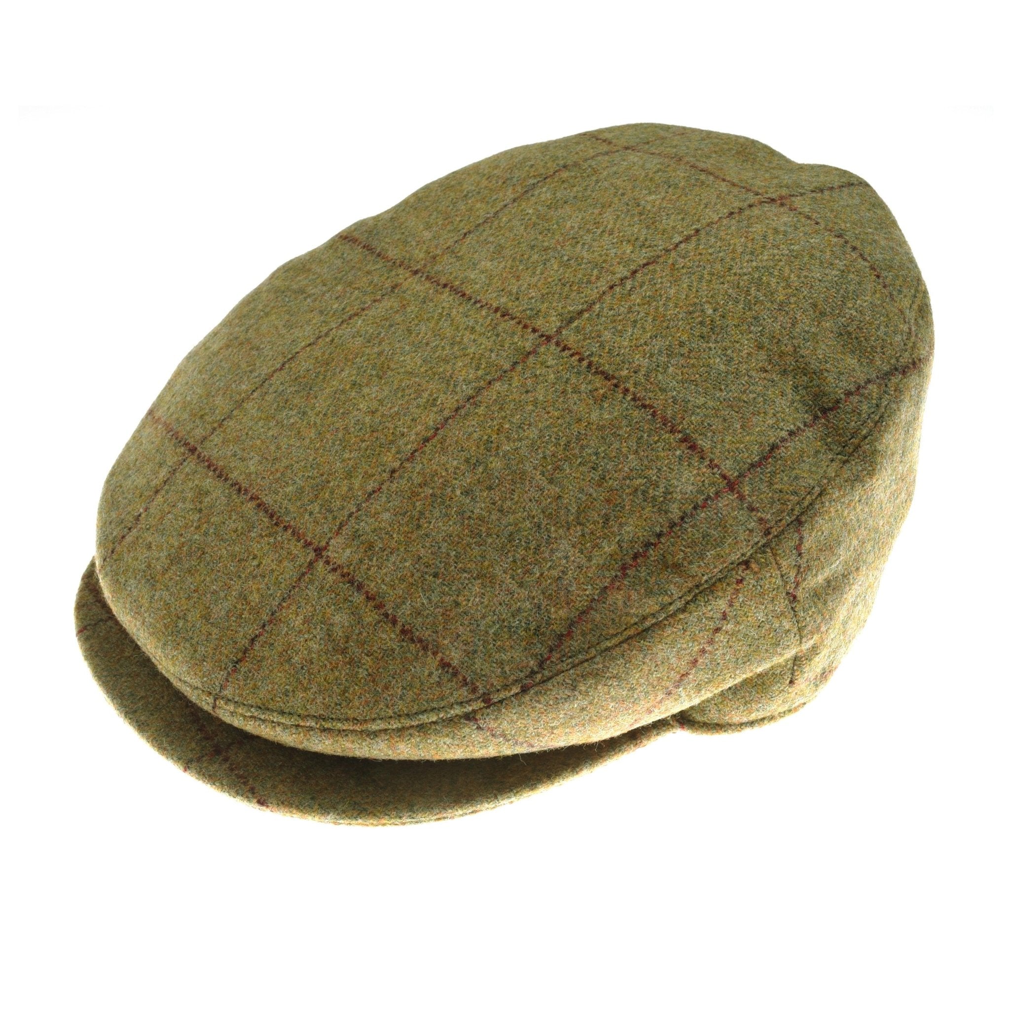 The Campbell's of Beauly Green Beauly Cap features a classic flat cap design in olive with a subtle red plaid pattern, showcased against a white background.