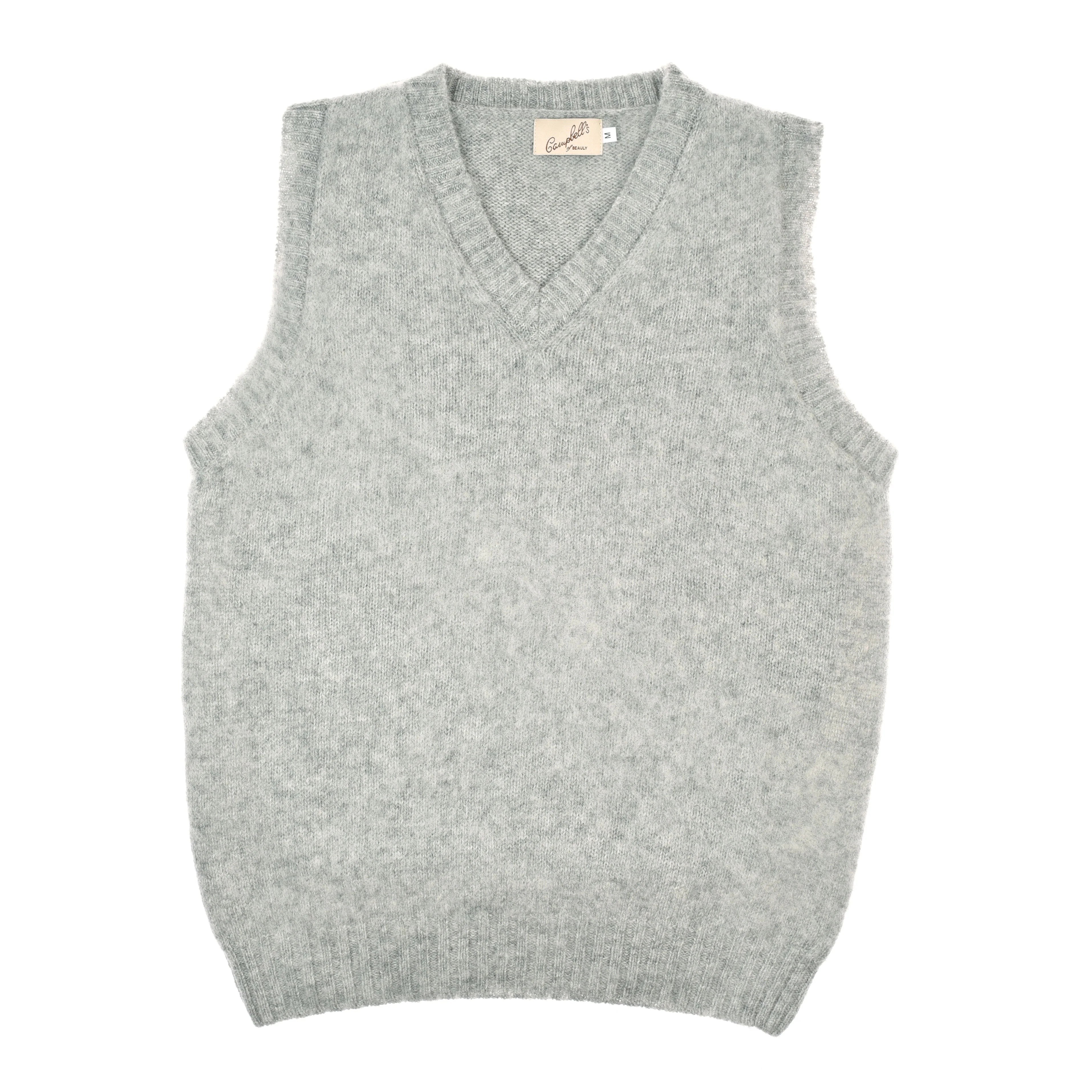 The Campbell's of Beauly Shetland Slipover in Silver is a soft, sleeveless V-neck knit sweater vest made from Shetland wool, shown laid flat on a white background with a small label sewn inside the back neck.