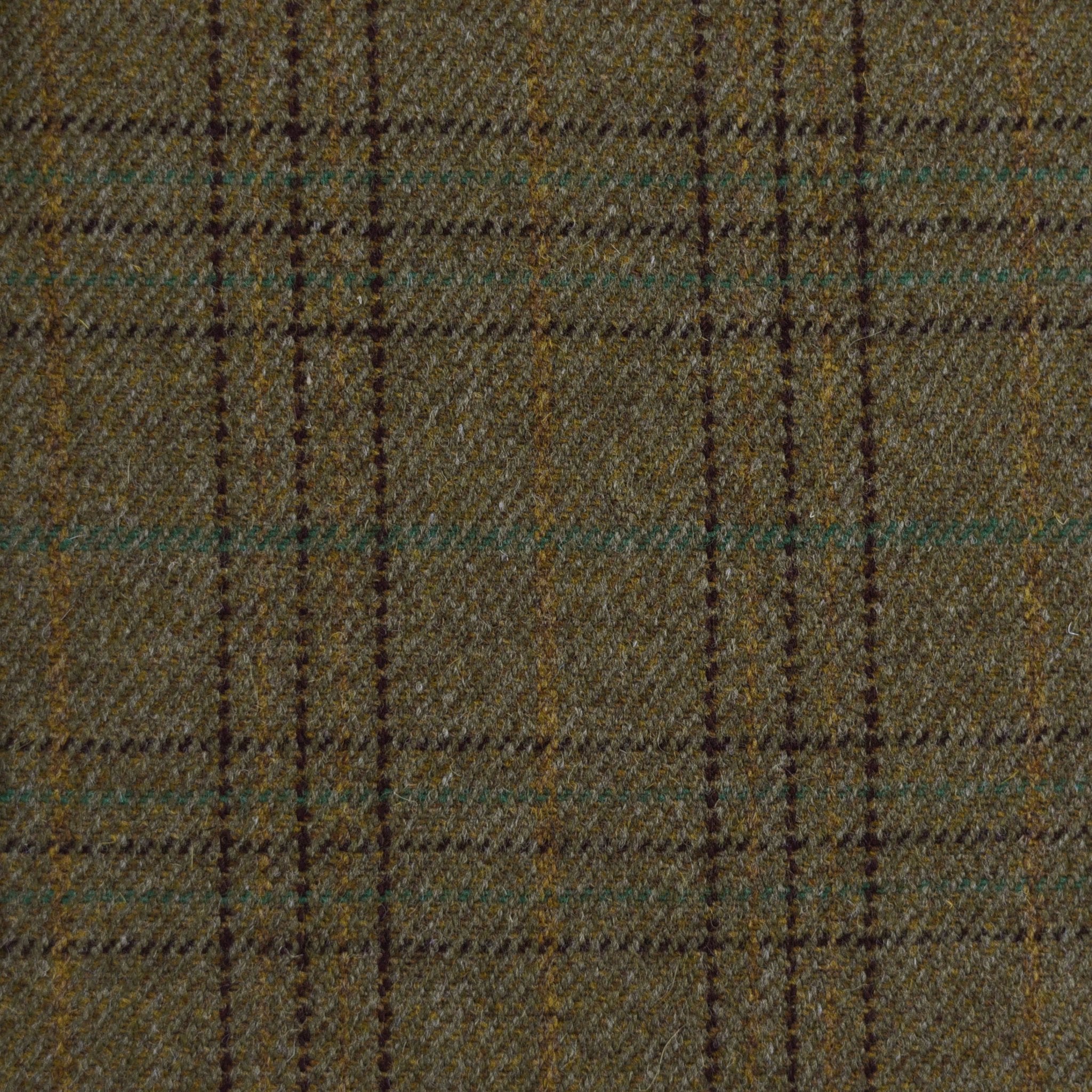 A close-up of Campbells of Beauly House Tweed 30249, a brown heavyweight stalking tweed with a plaid pattern in dark brown, yellow, and green. Its woven texture and slight roughness showcase true Traditional Scottish Estate Tweed.