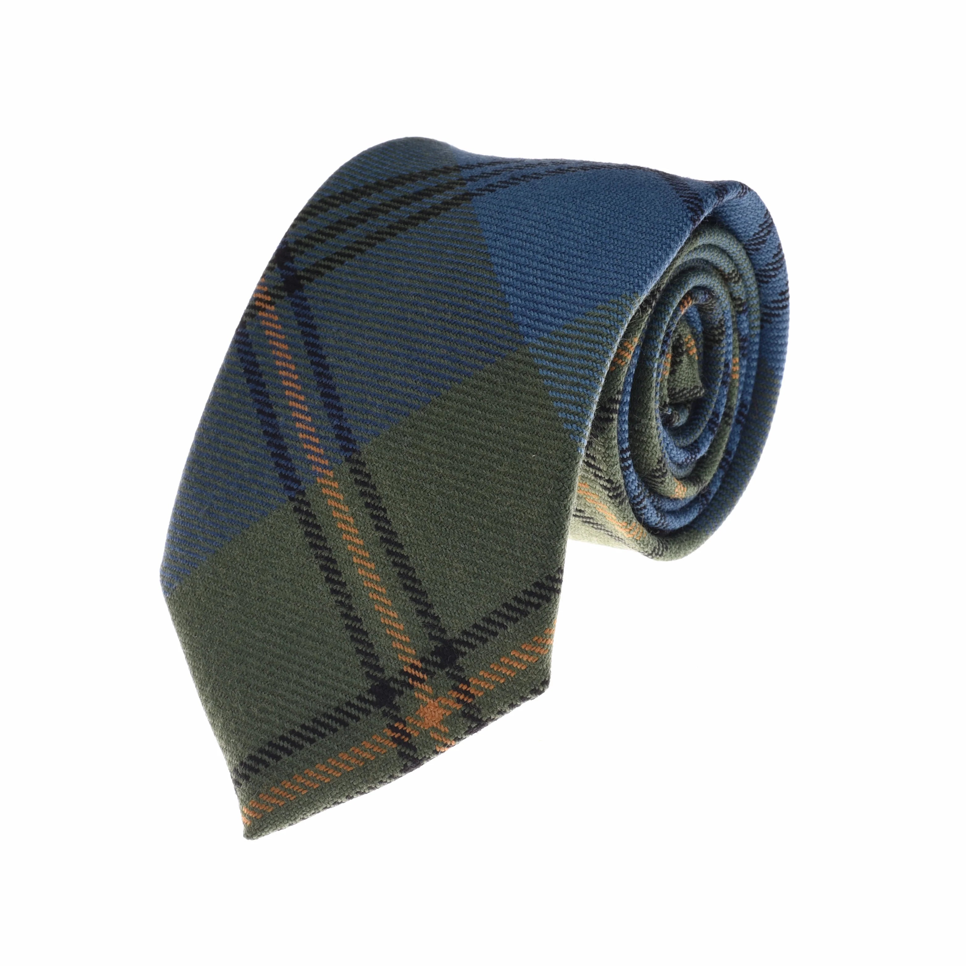 The Campbells of Beauly Tartan Tie is a rolled wool necktie with blue, green, and yellow plaid on white—an ideal choice for polished formalwear.