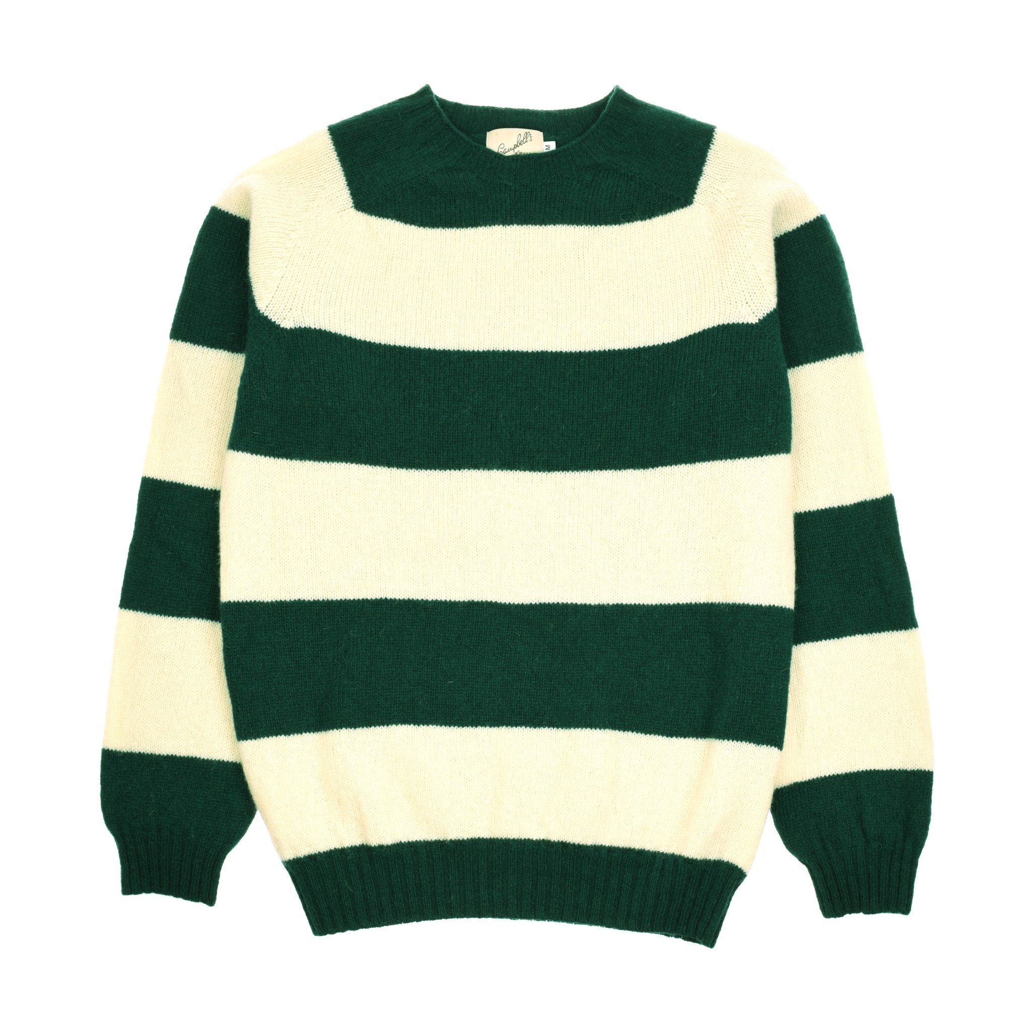 The Shetland Stripe Crew Jumper by Campbells of Beauly is a long-sleeve, dark green and cream striped knit crafted from soft Shetland lambswool, featuring a crew neck plus ribbed cuffs and hem.