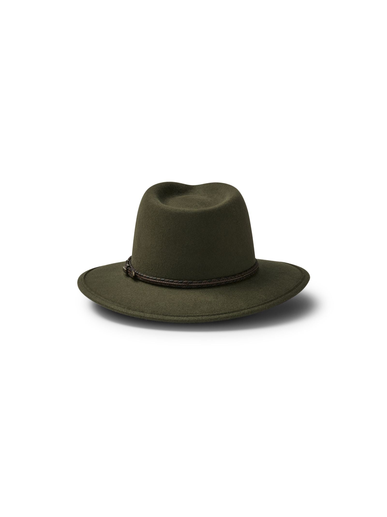 The Unisex Akubra Traveller Hat by Akubra is a dark green, wide-brimmed Australian-made hat with a slightly indented crown and thin braided band, shown on a white background—ideal for any adventure.