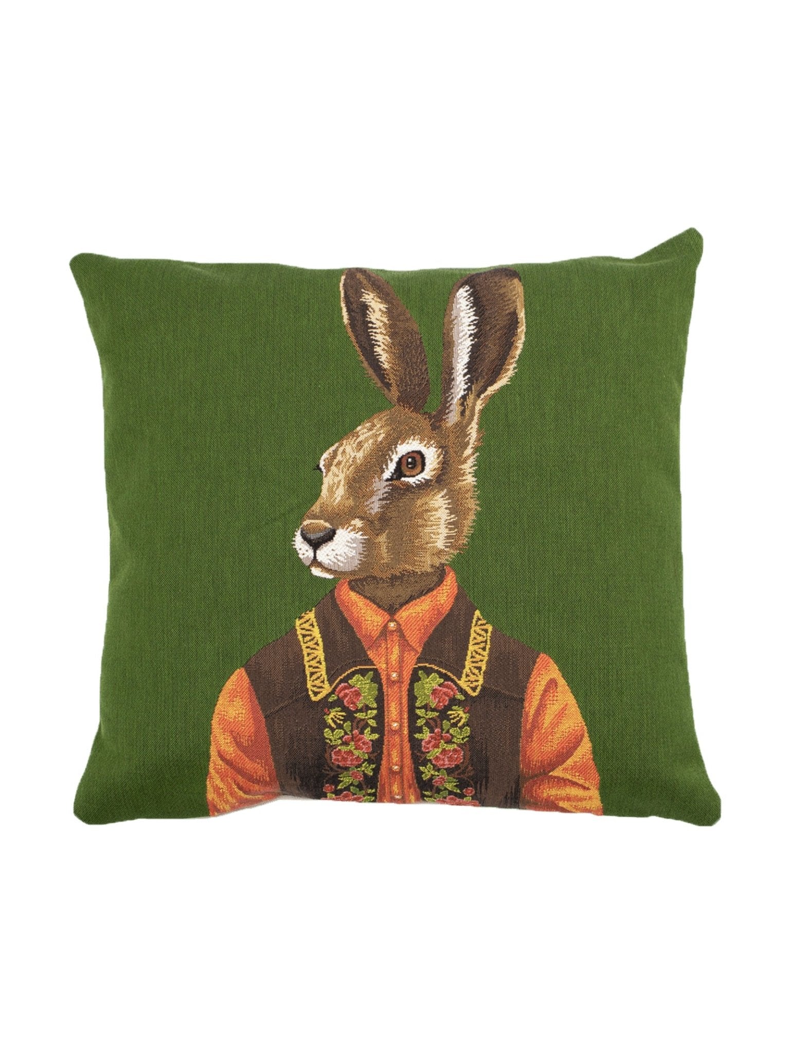 The Alpine Hare Cushion Cover by Campbell’s of Beauly is a green decorative cover featuring an illustration of an alpine hare with a human body, dressed in an orange shirt and embroidered vest.