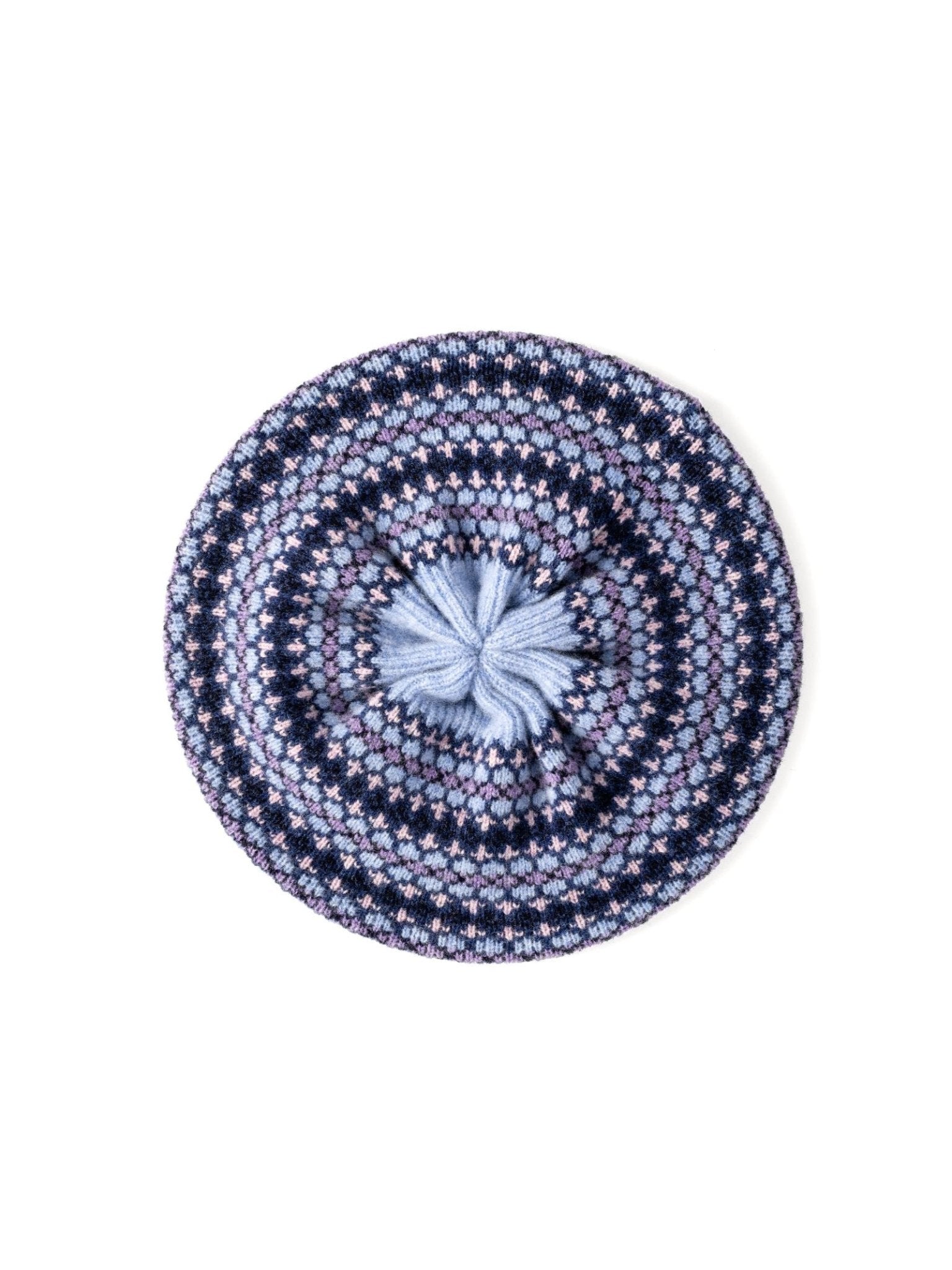 The Fairisle Beret by Campbells of Beauly features a round, knitted lambswool design with geometric patterns in Bluebell shades and a gathered center.