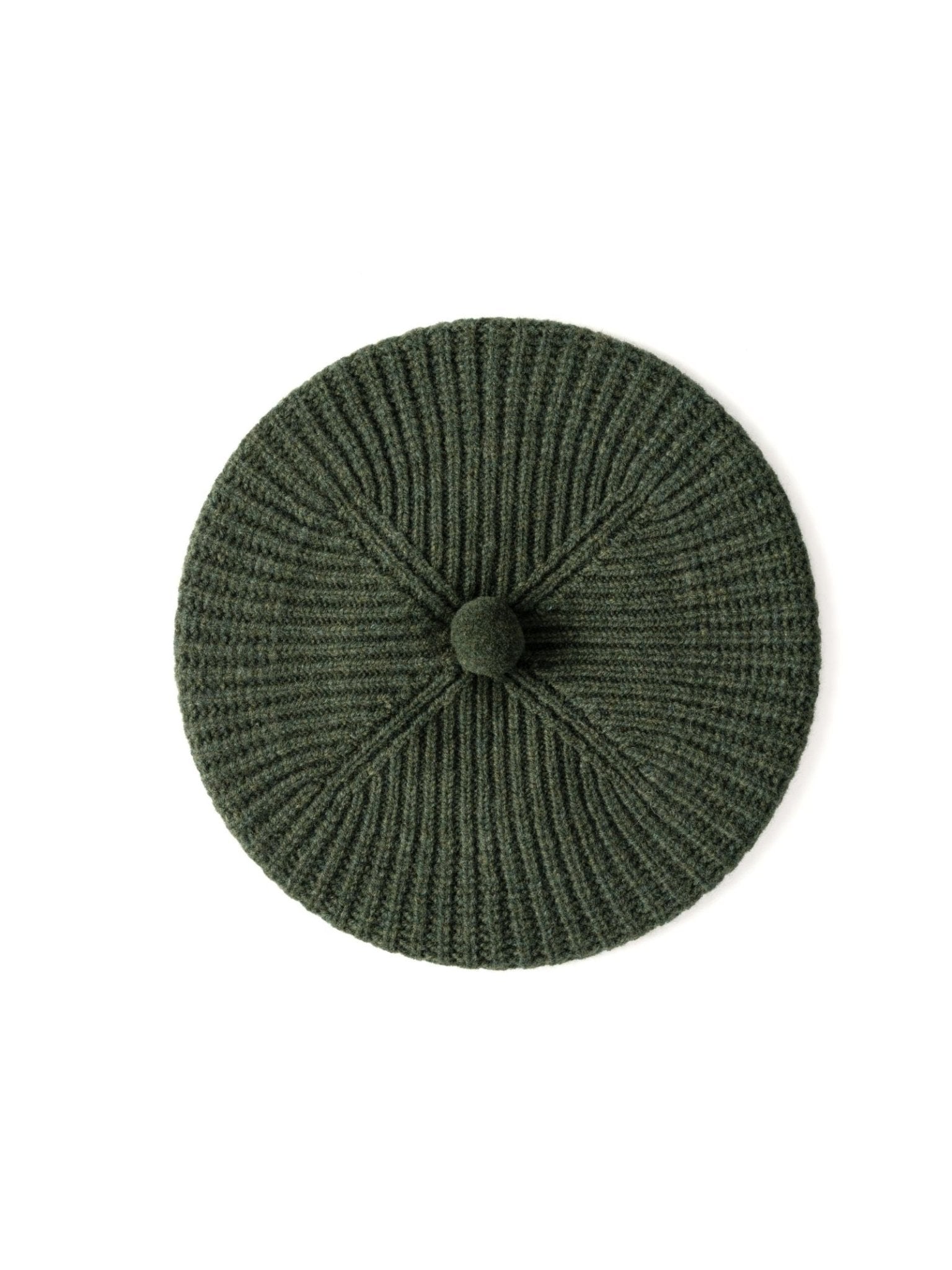 The Campbells of Beauly Rib Beret in Rosemary is a dark green lambswool beret with classic ribbing and a central pompom—an elegant winter accessory.