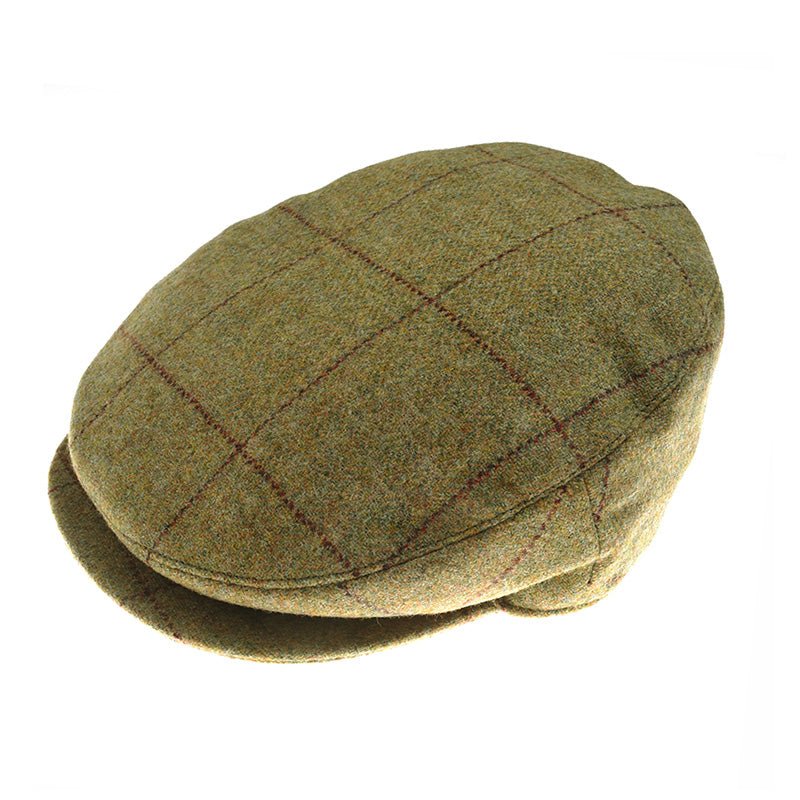 The Unisex Beauly Cap by Campbell's of Beauly features an olive and red checkered pattern in British tweed, displayed on a white background—a classic piece representing traditional British headwear style.