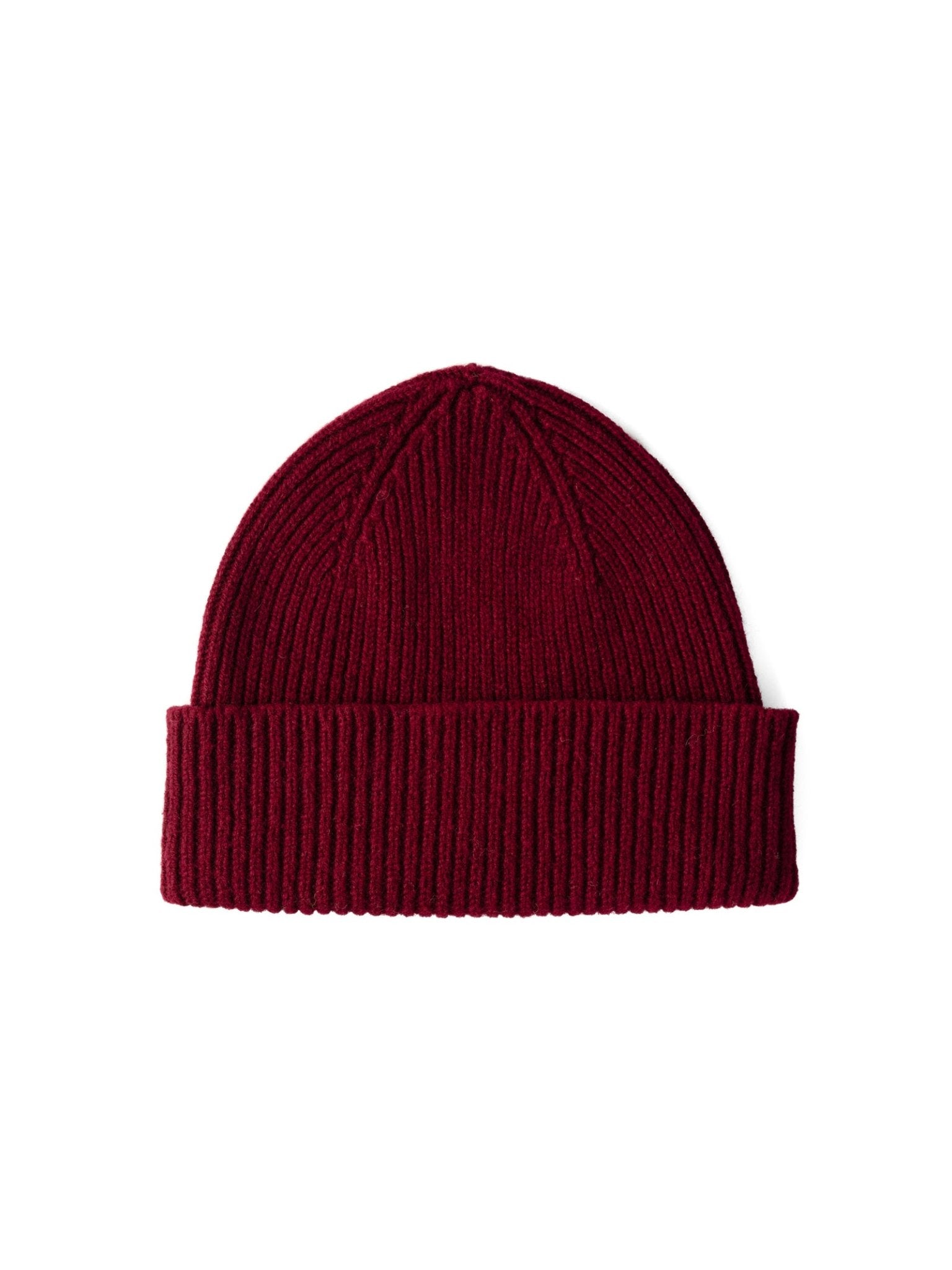 The Campbells of Beauly Lambswool Rib Hat in Bordeaux features a ribbed knit and folded cuff, inspired by classic Scottish Borders designs, perfect for your winter wardrobe. Shown on a white background.