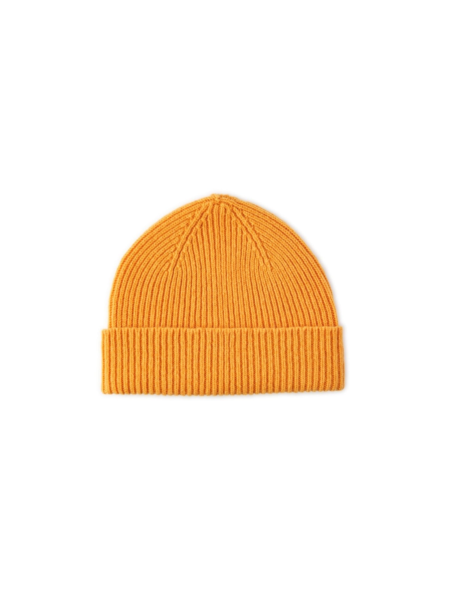 The Lambswool Rib Hat by Campbells of Beauly in gold features a ribbed knit and folded brim, perfect for winter style, shown against a plain white background.