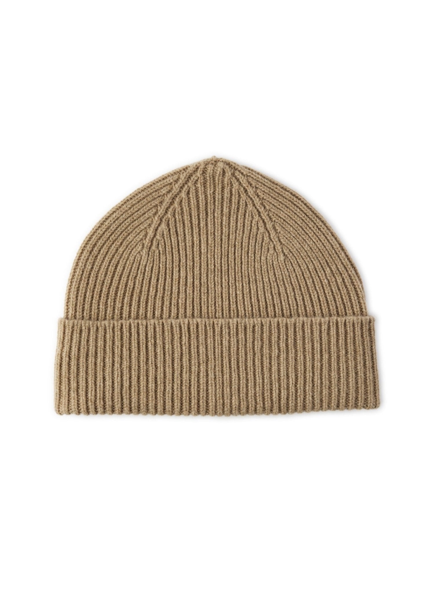 The Lambswool Rib Hat by Campbells of Beauly in olive features a ribbed knit and folded brim, crafted from soft lambswool in the Scottish Borders—an essential olive beanie for your winter wardrobe, shown flat on a white background.