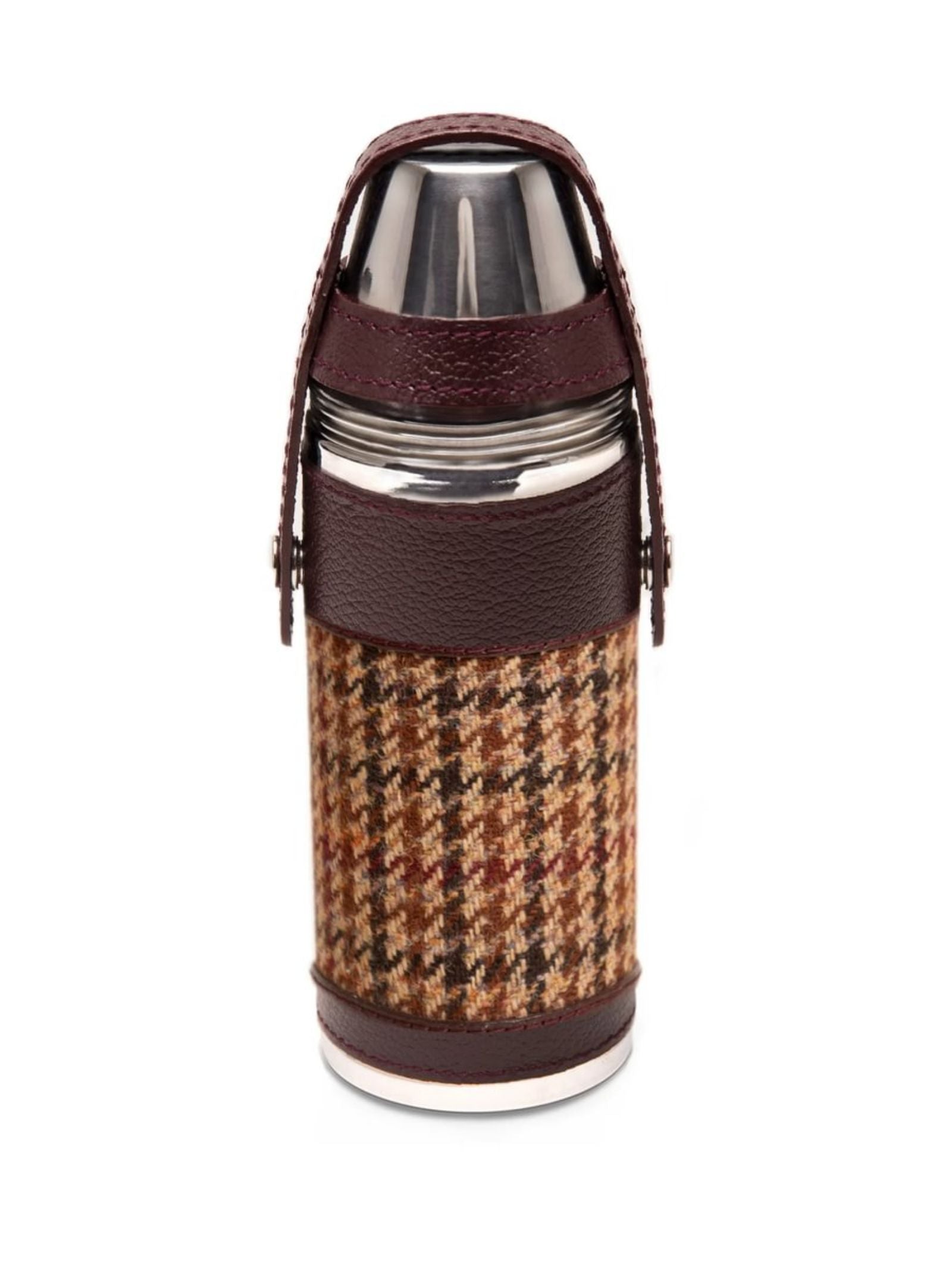 The 8oz Bordeaux Hunter Flask by Campbell's of Beauly x Ettinger features classic British craftsmanship with a brown and tan houndstooth fabric cover, Capra goat leather details, a leather strap, and a stainless steel body.