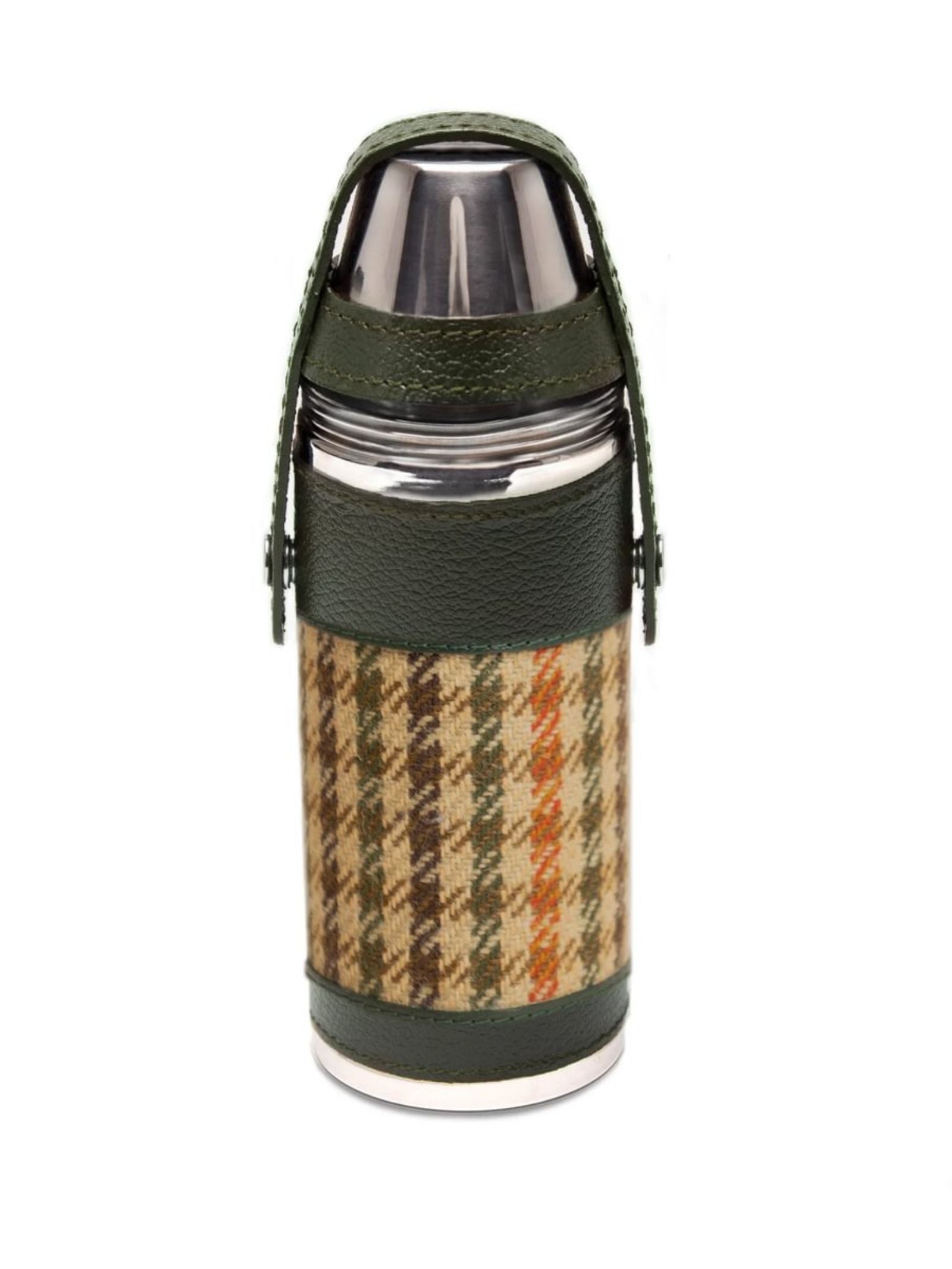 The 8oz Forest Green Hunter Flask by Campbell's of Beauly x Ettinger features a green Capra leather top, base, and strap with a tan, green, and orange plaid wool body—an outstanding example of British craftsmanship set against a white background.