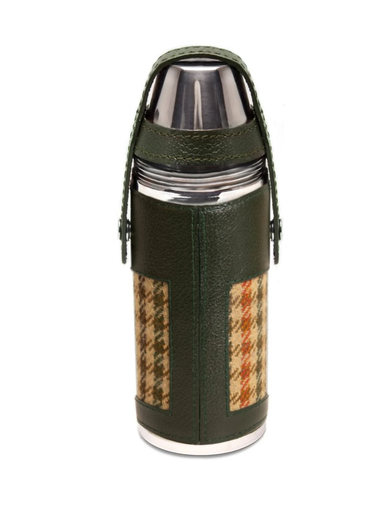 The 8oz Forest Green Hunter Flask by Campbell's of Beauly x Ettinger pairs British craftsmanship with dark green Capra goat leather, brown plaid panels, a matching strap, and a stainless steel cap.