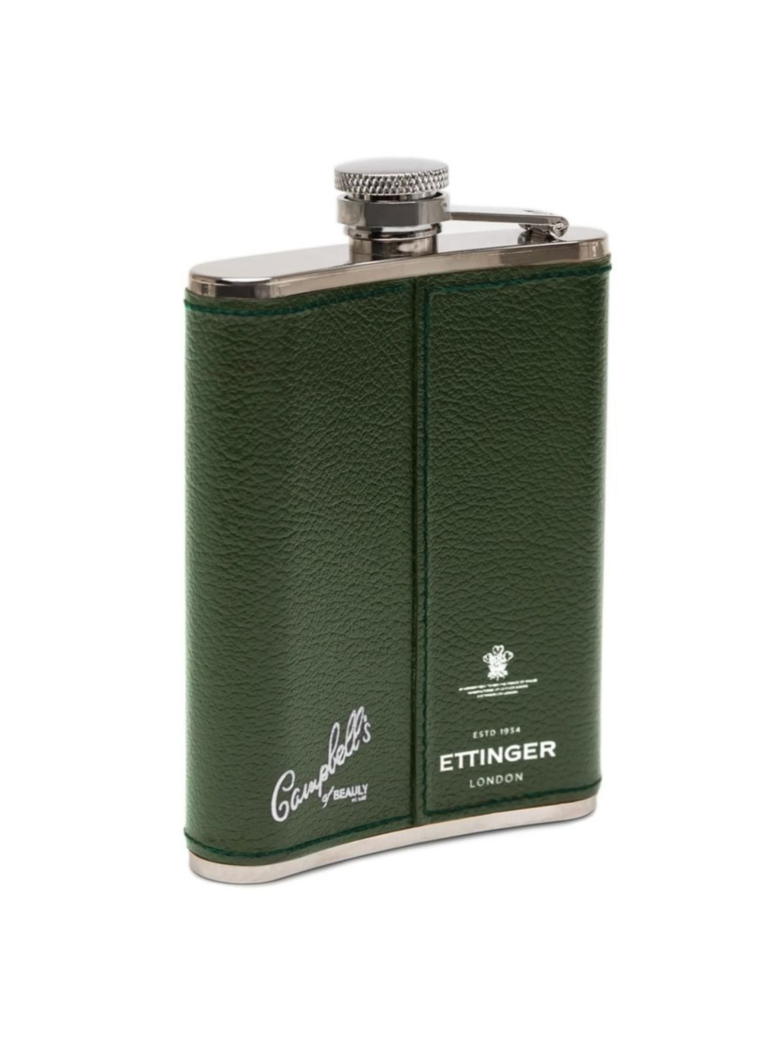 The 6oz Forest Green Hip Flask by Campbell's of Beauly x Ettinger features Capra goat leather, a metal cap, silver branding, and a small emblem above the text—showcasing exceptional British craftsmanship.