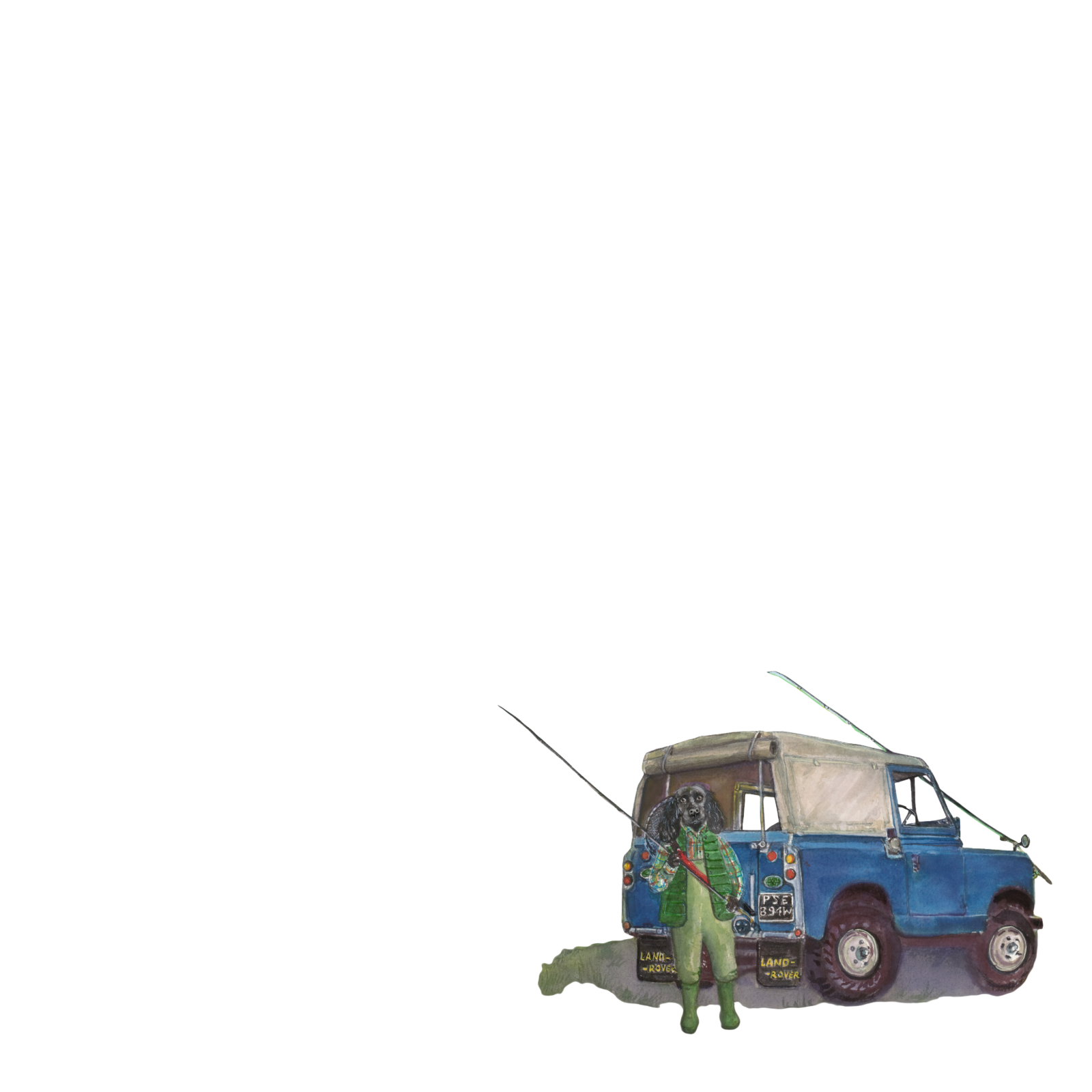 A person in Campbells of Beauly fishing gear stands beside a blue and white classic SUV with fishing rods attached to the roof, preparing for a fishing trip.