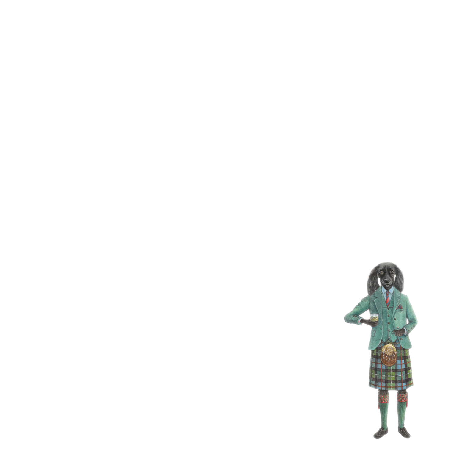 A dog with black fur stands upright, dressed in a green jacket, plaid kilt, red tie, and socks with shoes, positioned near the bottom right corner on an otherwise empty white background.