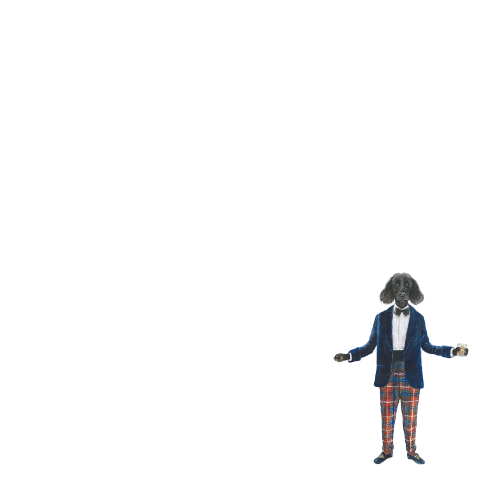 A black dog standing upright, dressed in a blue blazer, bow tie, and plaid pants, positioned in the bottom right corner of a blank white background.