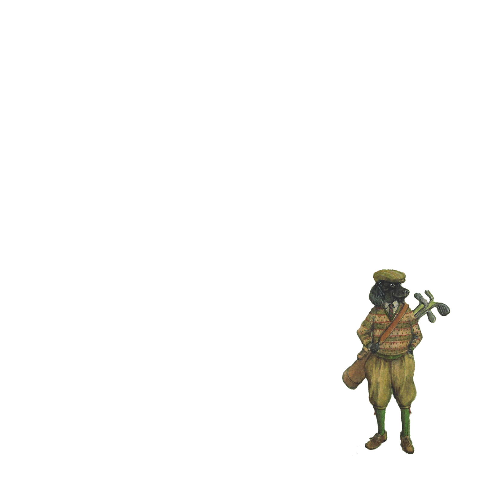 A small, illustrated dog in Campbells of Beauly-inspired vintage clothing stands in the bottom right corner, holding a stringed instrument. The rest of the image is blank with a transparent background.