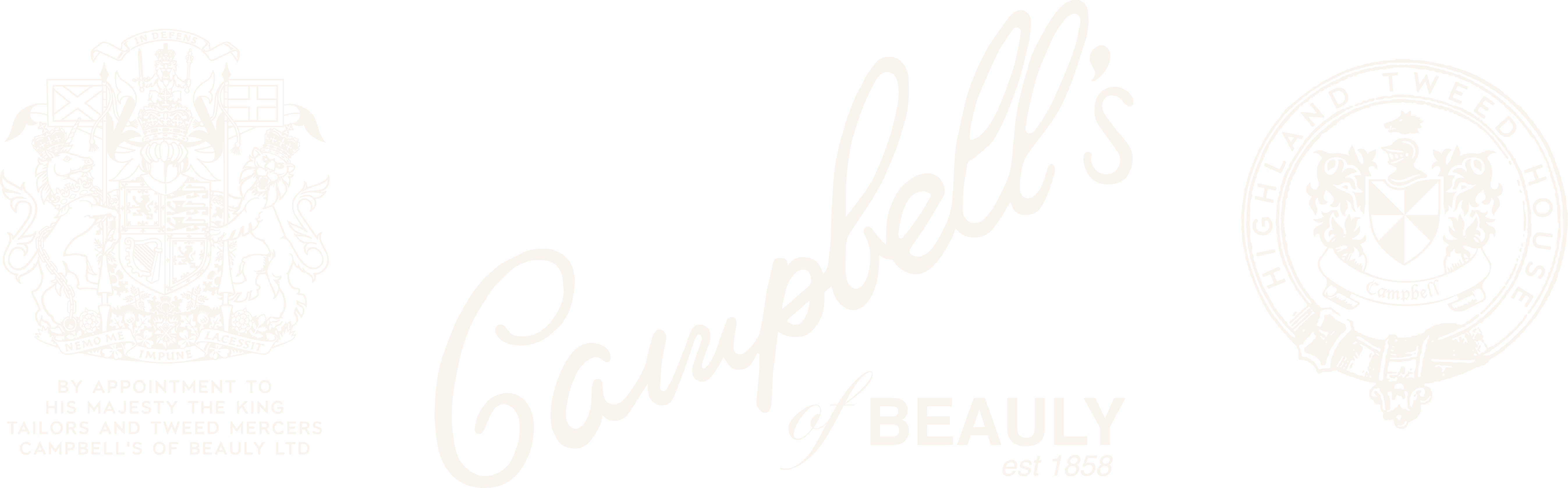 White Campbells of Beauly logo on black background, featuring a royal crest on the left, stylized script in the center, and a circular Highland Tweed crest on the right. Text notes establishment in 1858.
