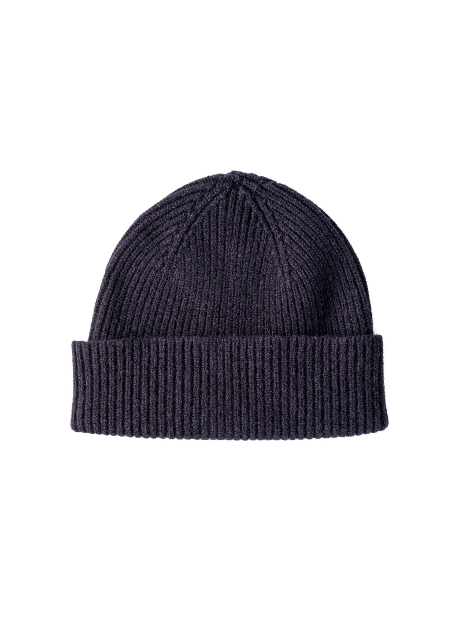 The Campbells of Beauly Lambswool Rib Hat in navy features a ribbed knit and folded brim, crafted from soft lambswool in the Scottish Borders—an essential winter accessory, shown against a white background.