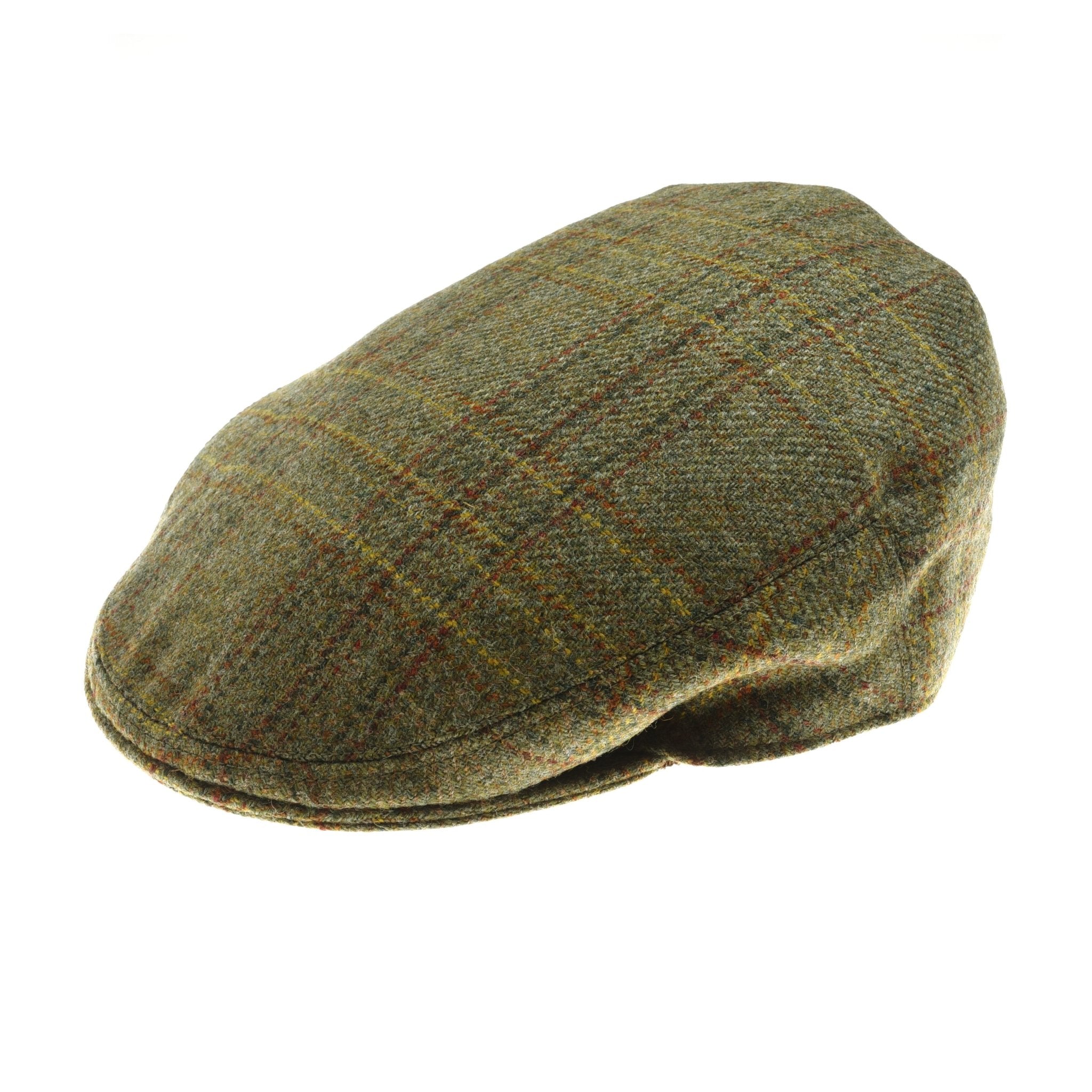 The Green Conon Cap by Campbells of Beauly is a classic flat cap in shade 283B2, made from British tweed with a green base and subtle yellow and brown plaid, shown on a white background.