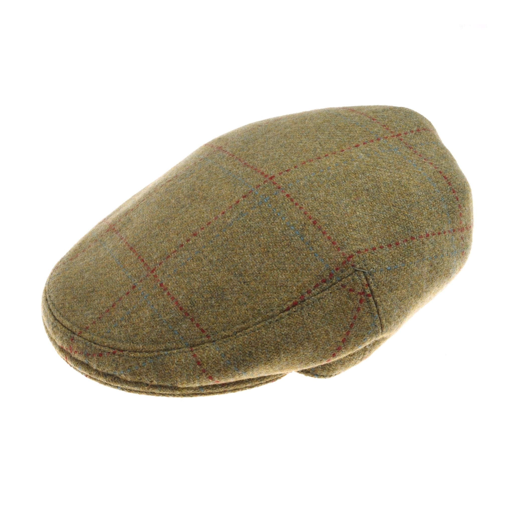The Mini Tweed Cap by Campbells of Beauly, featuring a green base with red and blue checks, is ideal for country-loving kids and is shown from above on a white background.