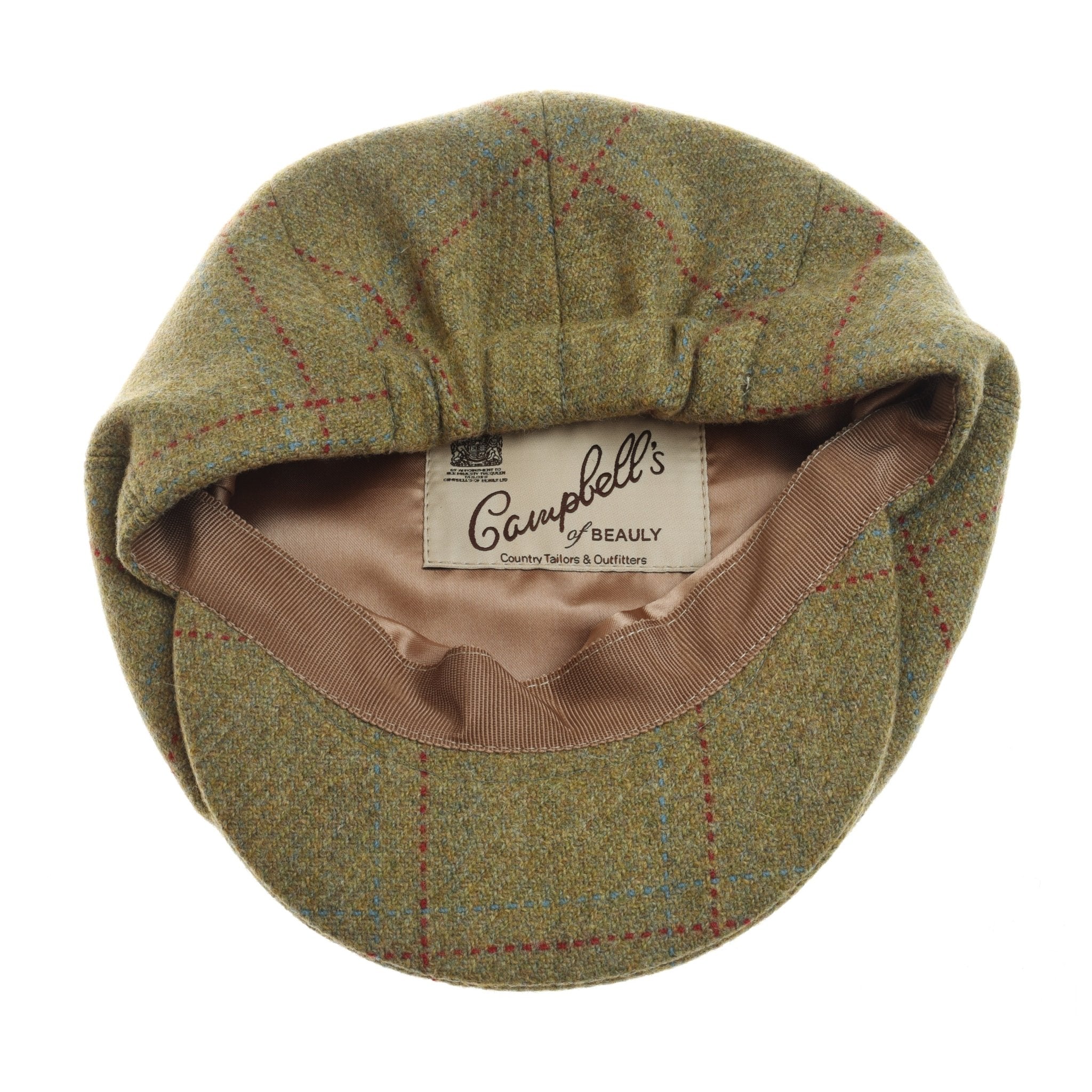 The Mini Tweed Cap by Campbells of Beauly features a green tweed exterior, beige lining, and an inner label—ideal for country-loving kids or young adventurers who appreciate timeless style.