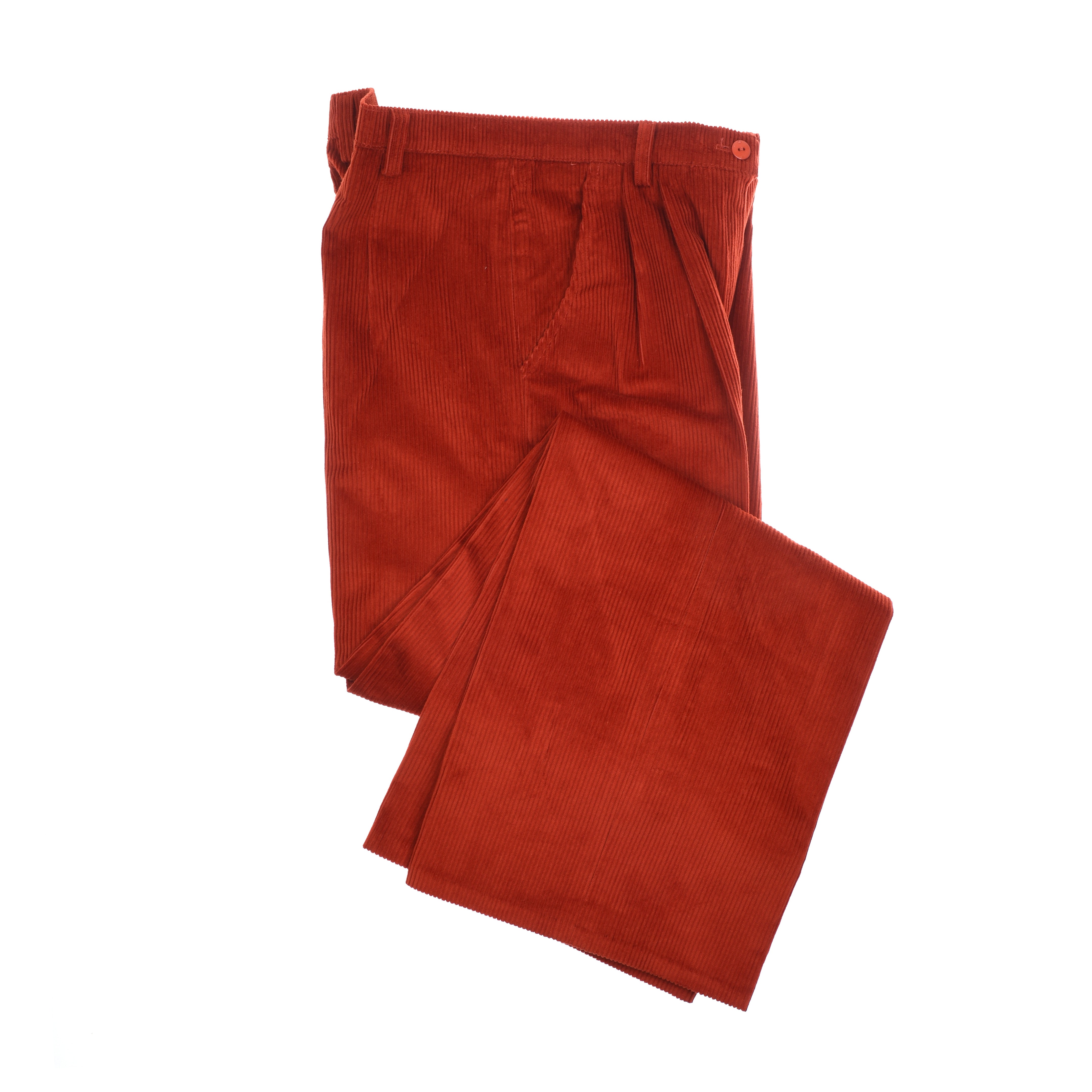 Campbells of Beauly Wide Leg Cords: high-waisted, orange, 100% Brisbane Moss cotton corduroy with belt loops, pleats, and button closure, shown folded on a white background.