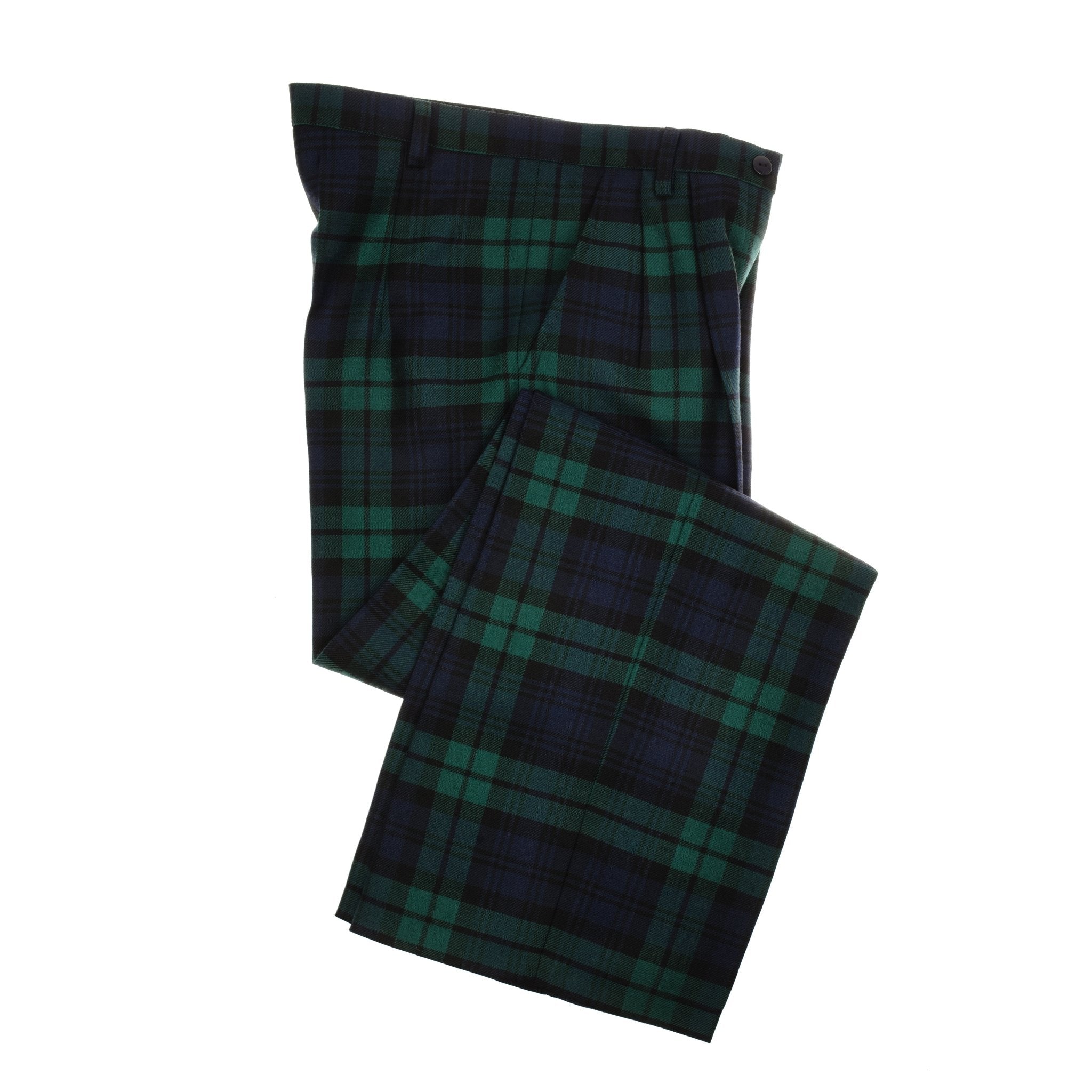 The Campbells of Beauly Wide Leg Blackwatch Trousers, made from 100% wool in a green and navy tartan, are shown folded on a white background.