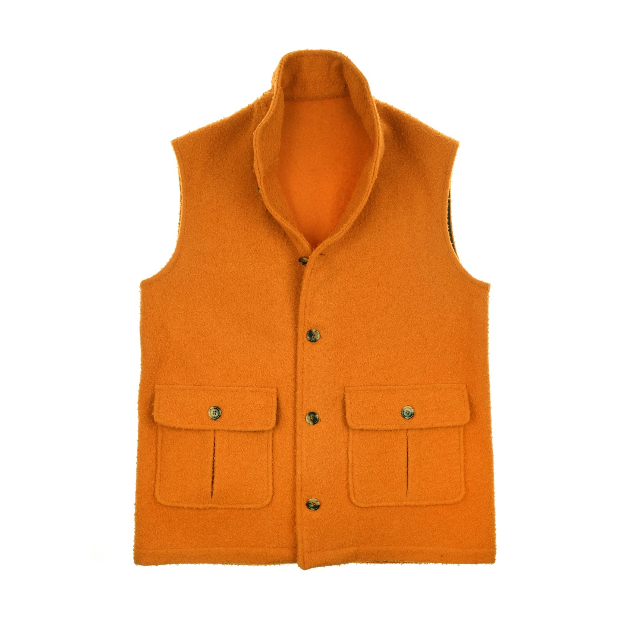 The Campbells of Beauly Casetino Fleece Gilet in Ginger features a high collar, front snap buttons, and two large button-flap pockets, shown laid flat on a white background.