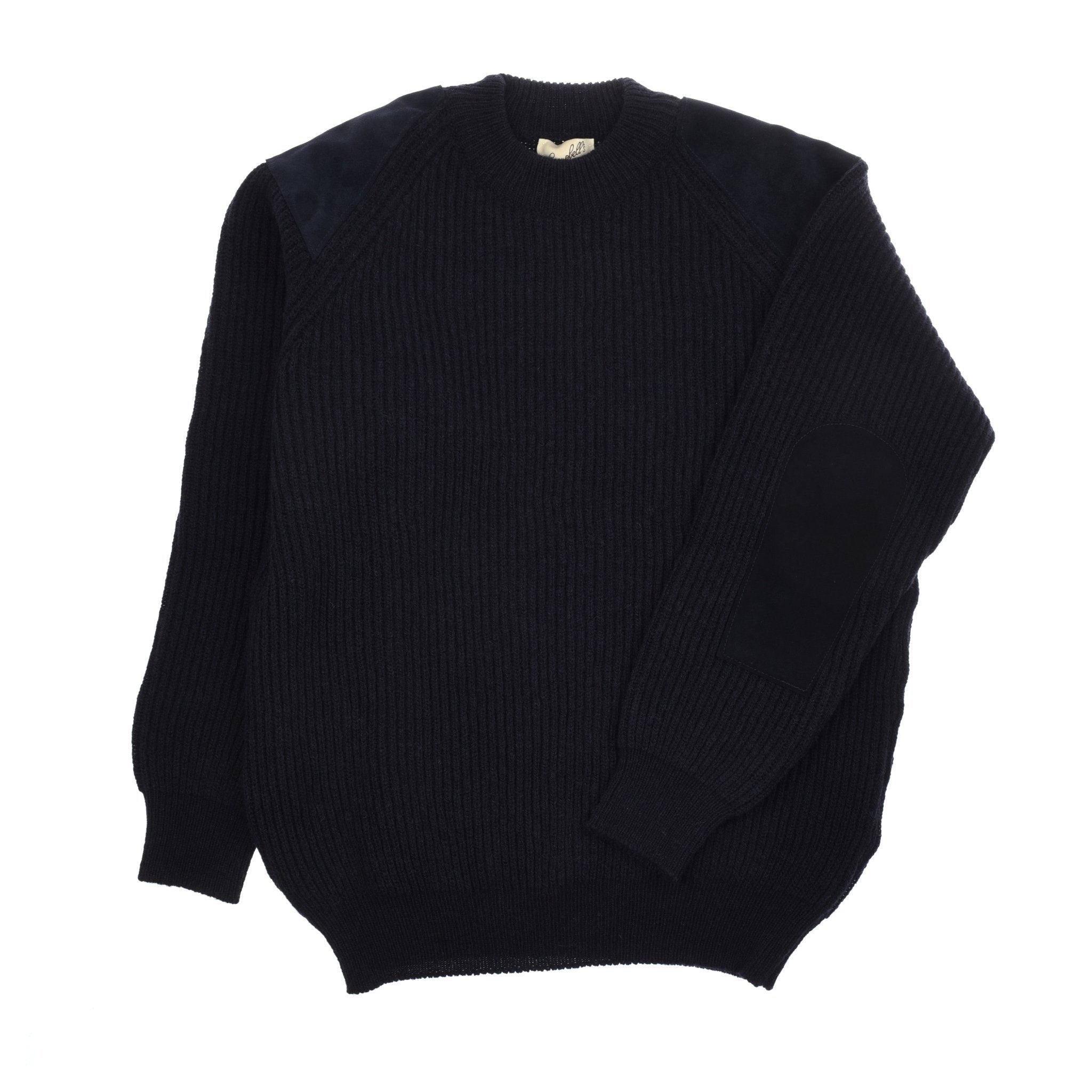 The navy Scotia Suede Jumper by Campbells of Beauly features a ribbed knit and fabric patches at the shoulders and elbows, shown laid flat on a white background—ideal as an outdoor sweater.