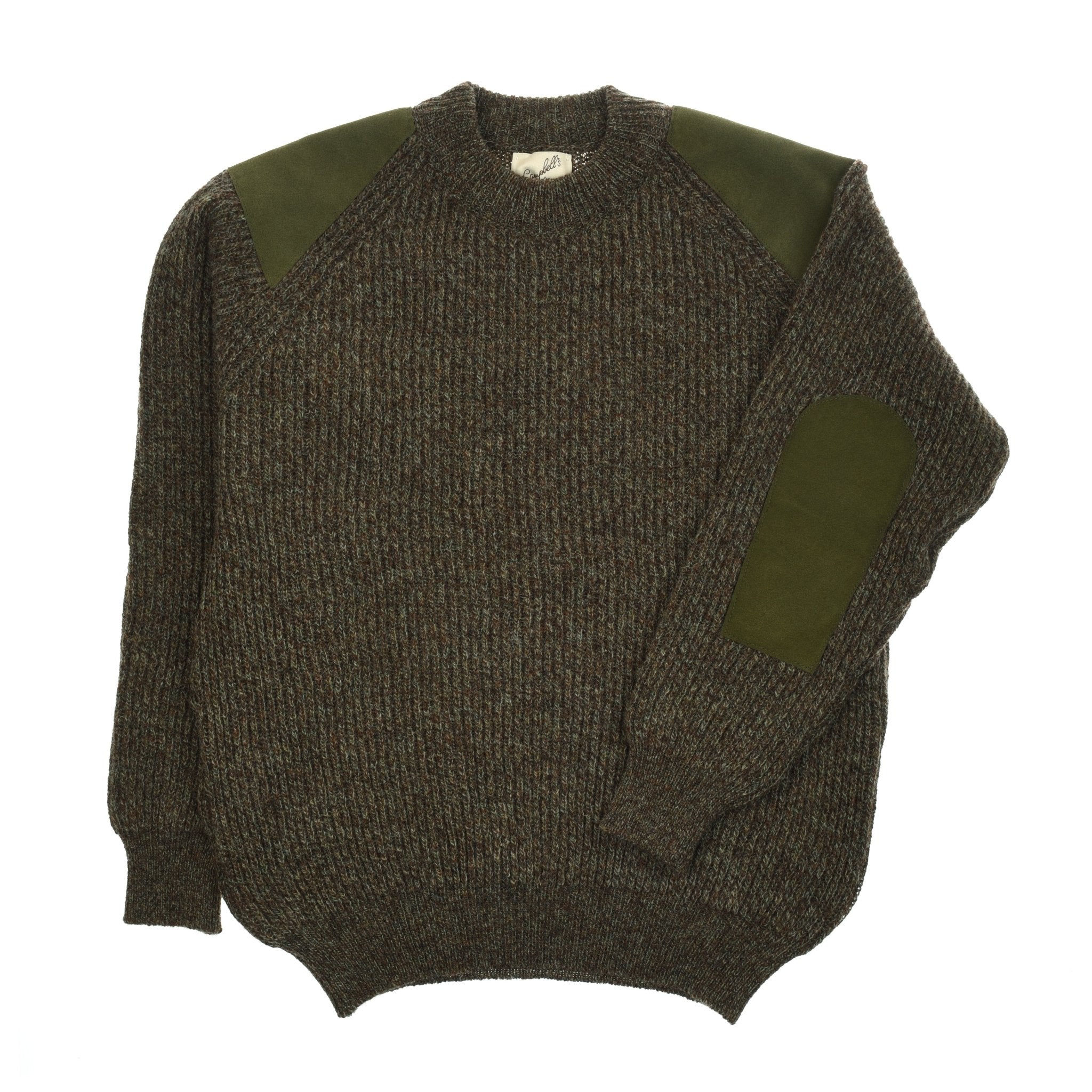 The Scotia Suede Jumper by Campbells of Beauly, in bright green, is laid flat on a white background with fabric patches on the shoulders and elbows.