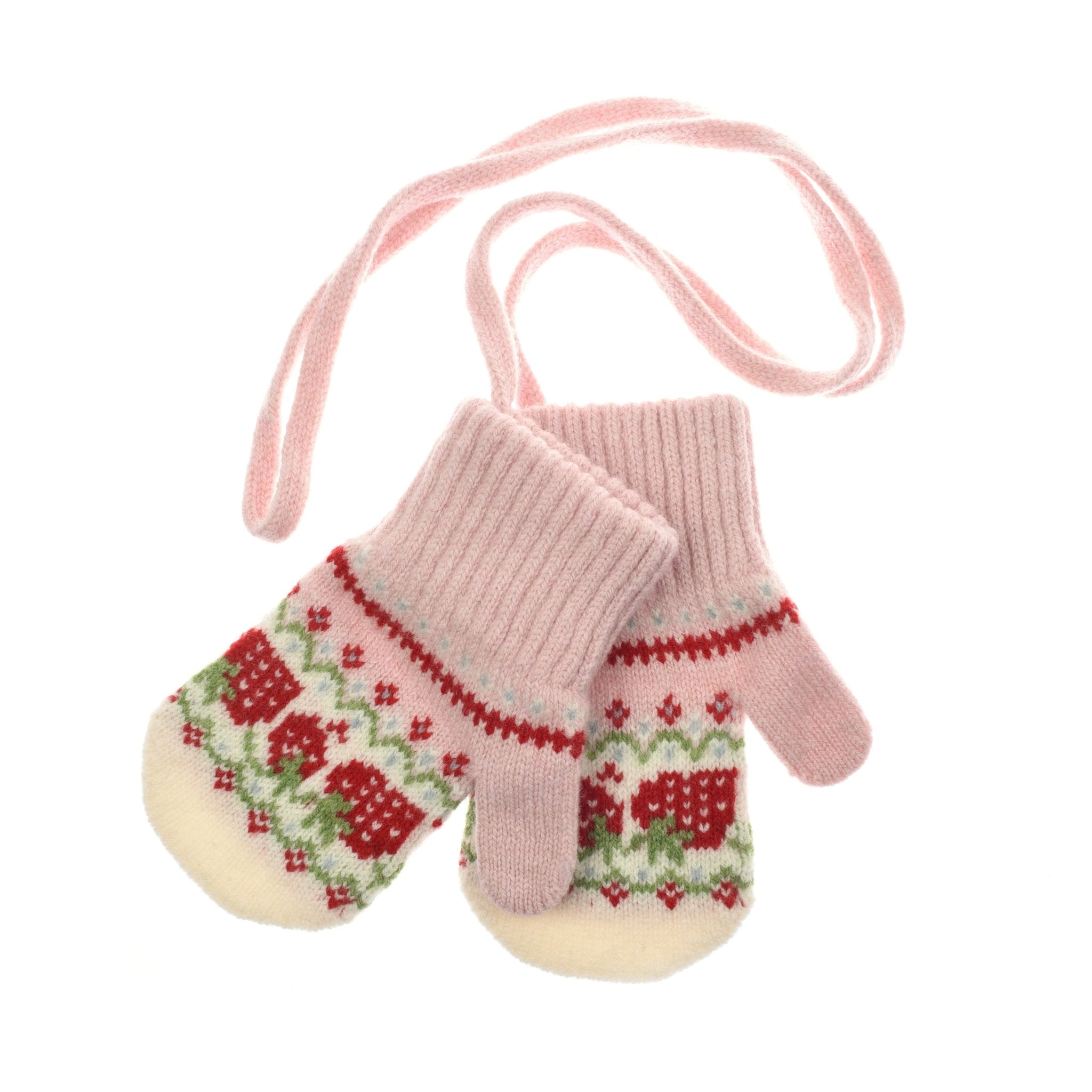 Campbells of Beauly Mini Lambswool Strawberry Mittens in rose, featuring red and green patterns and a cream tip, connected with a matching string—perfect for kids’ winter adventures.