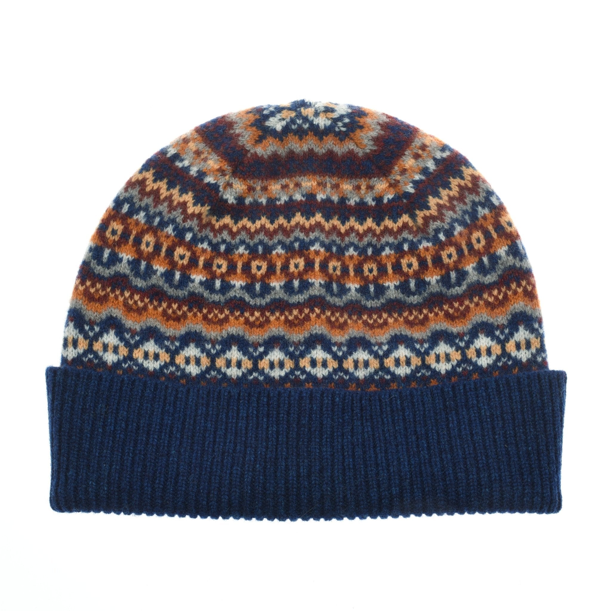 The Campbells of Beauly Lambswool Fairisle Hat in Midnight features a colorful fairisle pattern and a solid blue ribbed cuff—a stylish winter essential shown on a white background.