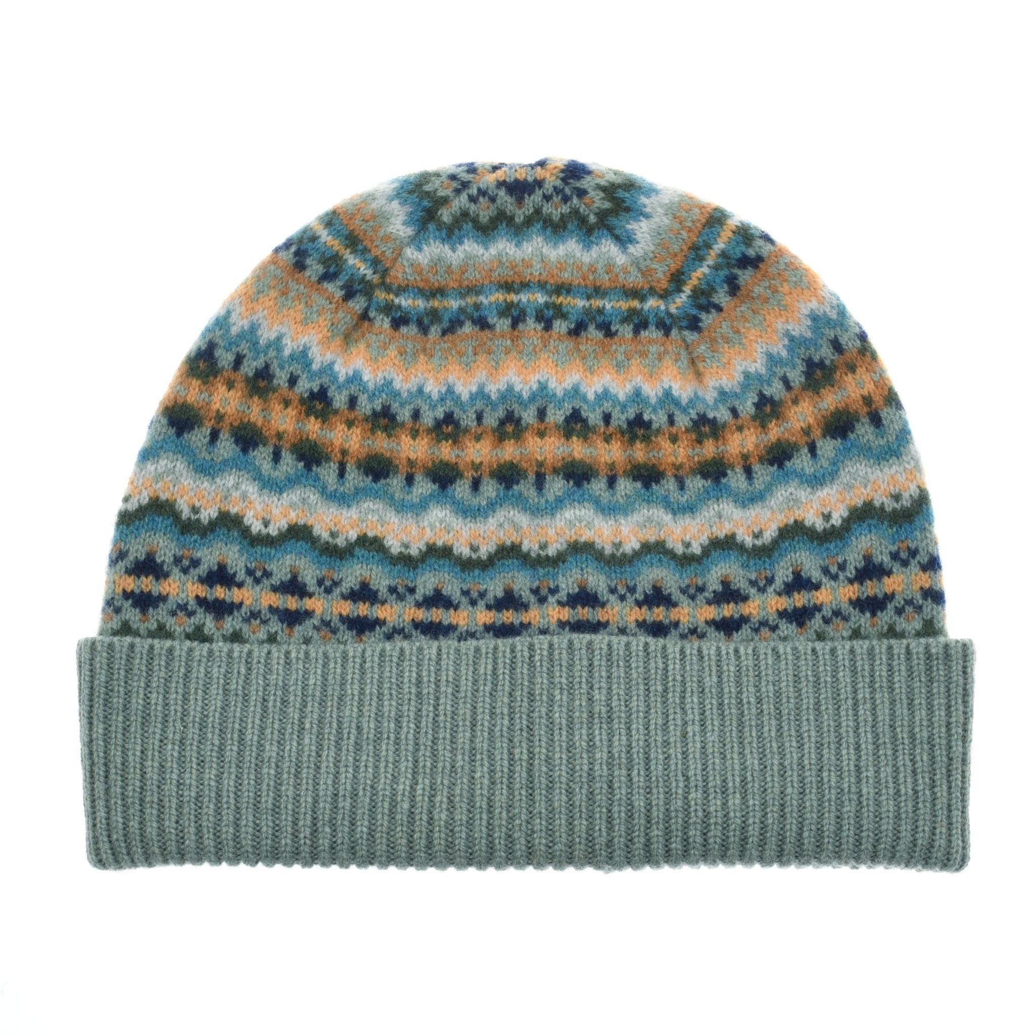 The Lambswool Fairisle Hat by Campbells of Beauly features an aqua hue with a colorful Fairisle crown and ribbed fold-over brim—an essential winter accessory that brings charm to any cold-weather outfit.