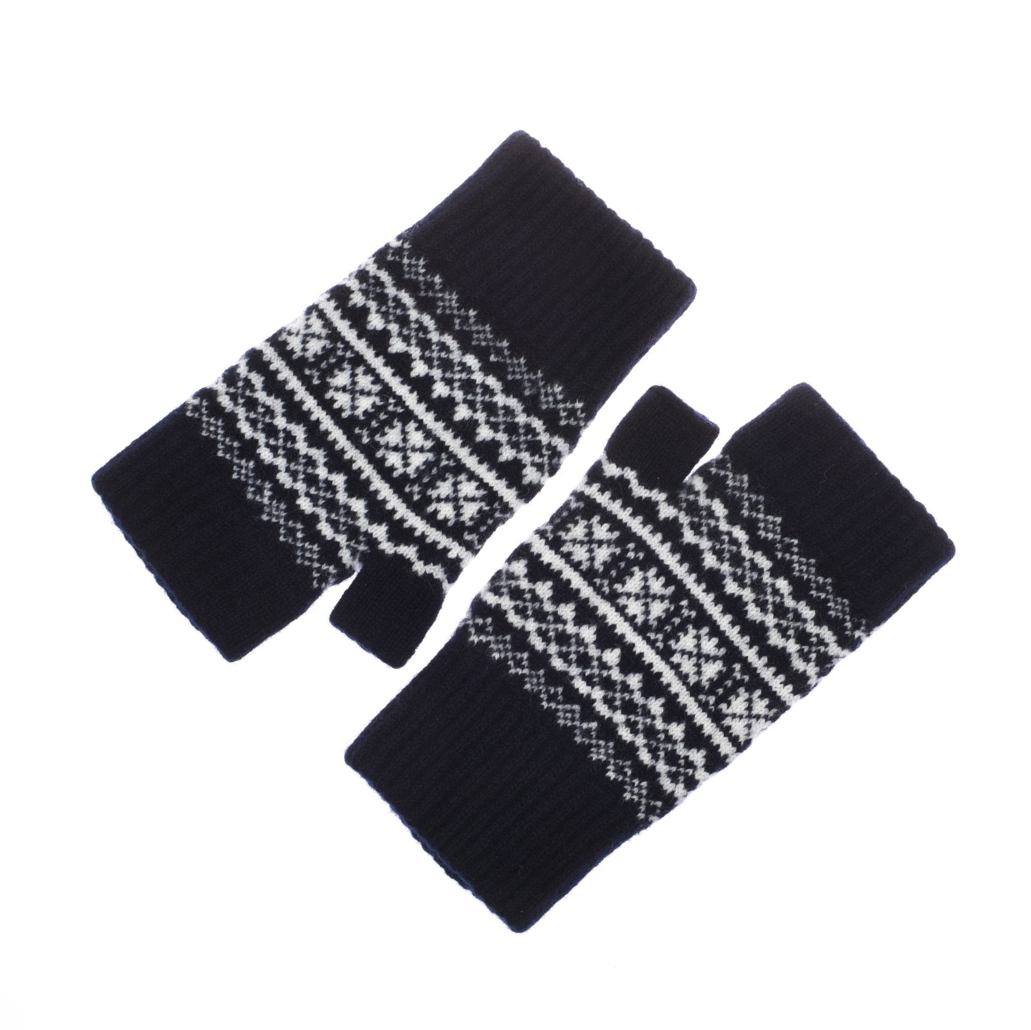A pair of navy Campbells of Beauly Two-Colour Fairisle Half Finger Gloves with white snowflake and geometric patterns, displayed flat on a white background.