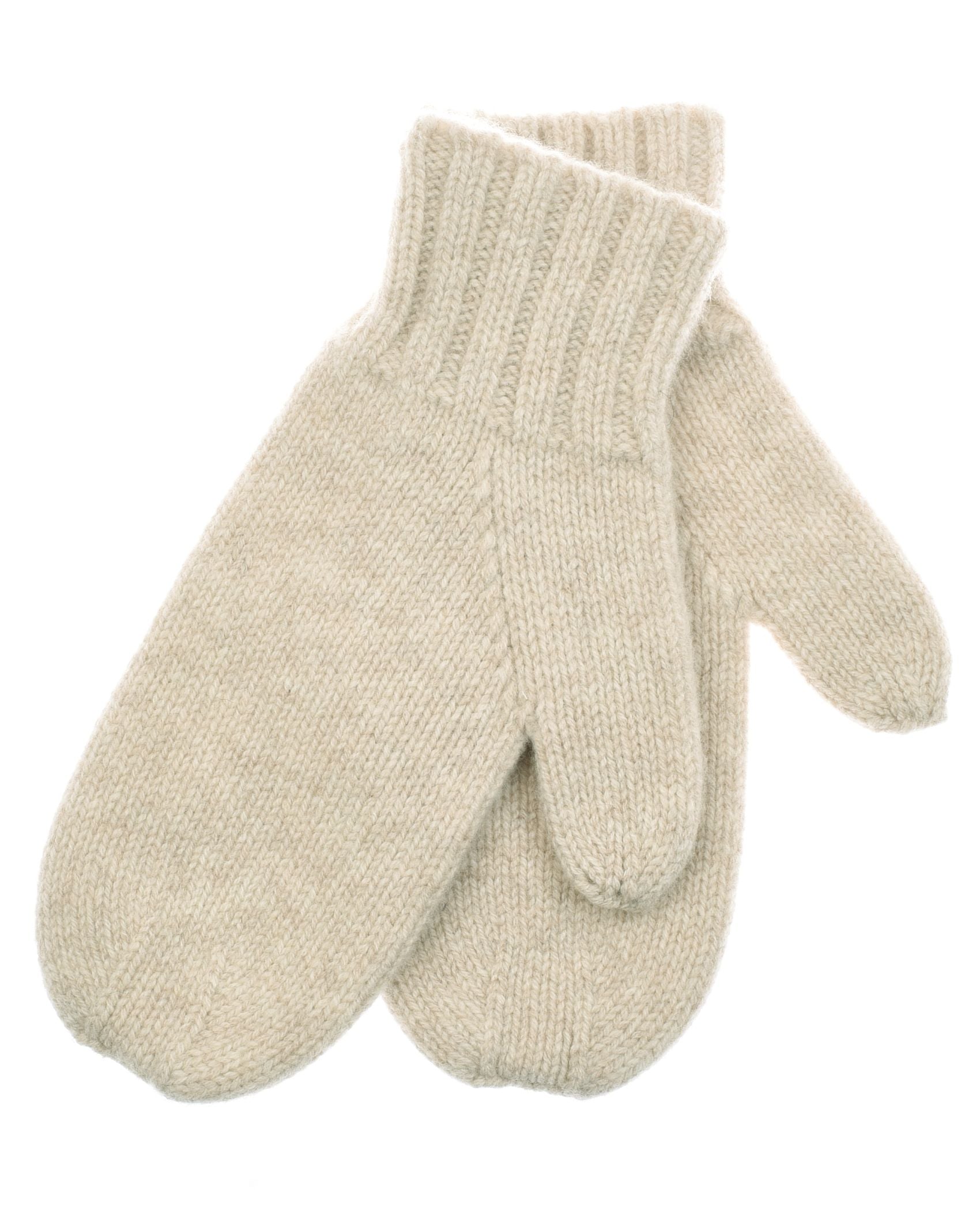 The Campbells of Beauly Chunky Mittens in cream feature a ribbed cuff and are crafted from natural fibres. Shown laid flat on a white background.