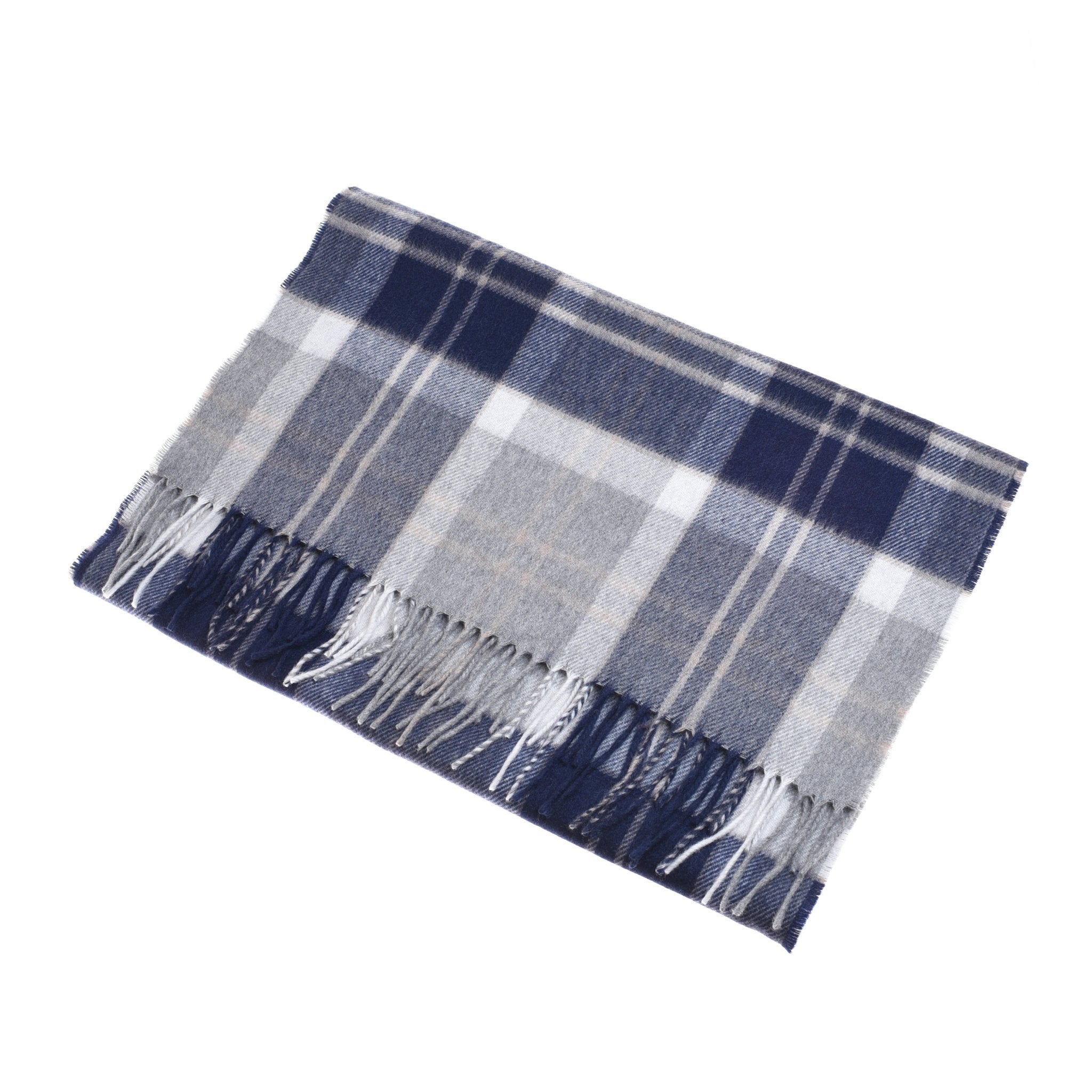 The Campbells of Beauly Cashmere Stole, crafted from fine cashmere, showcases a blue, grey, and white plaid pattern with fringed edges and is displayed on a white background.