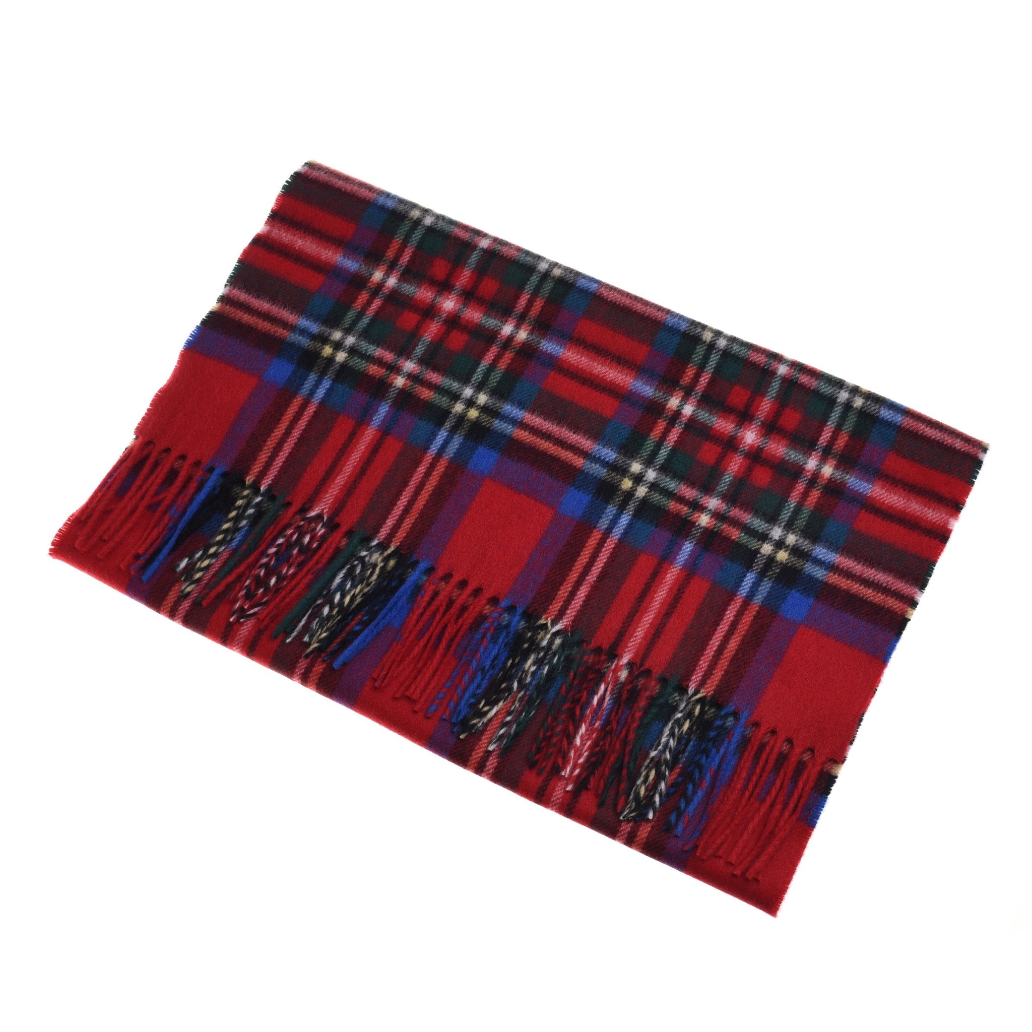 A folded Cashmere Stole by Campbells of Beauly in red tartan with blue, black, and white plaid pattern, made from premium cashmere yarns and fringed ends, is displayed on a white background.
